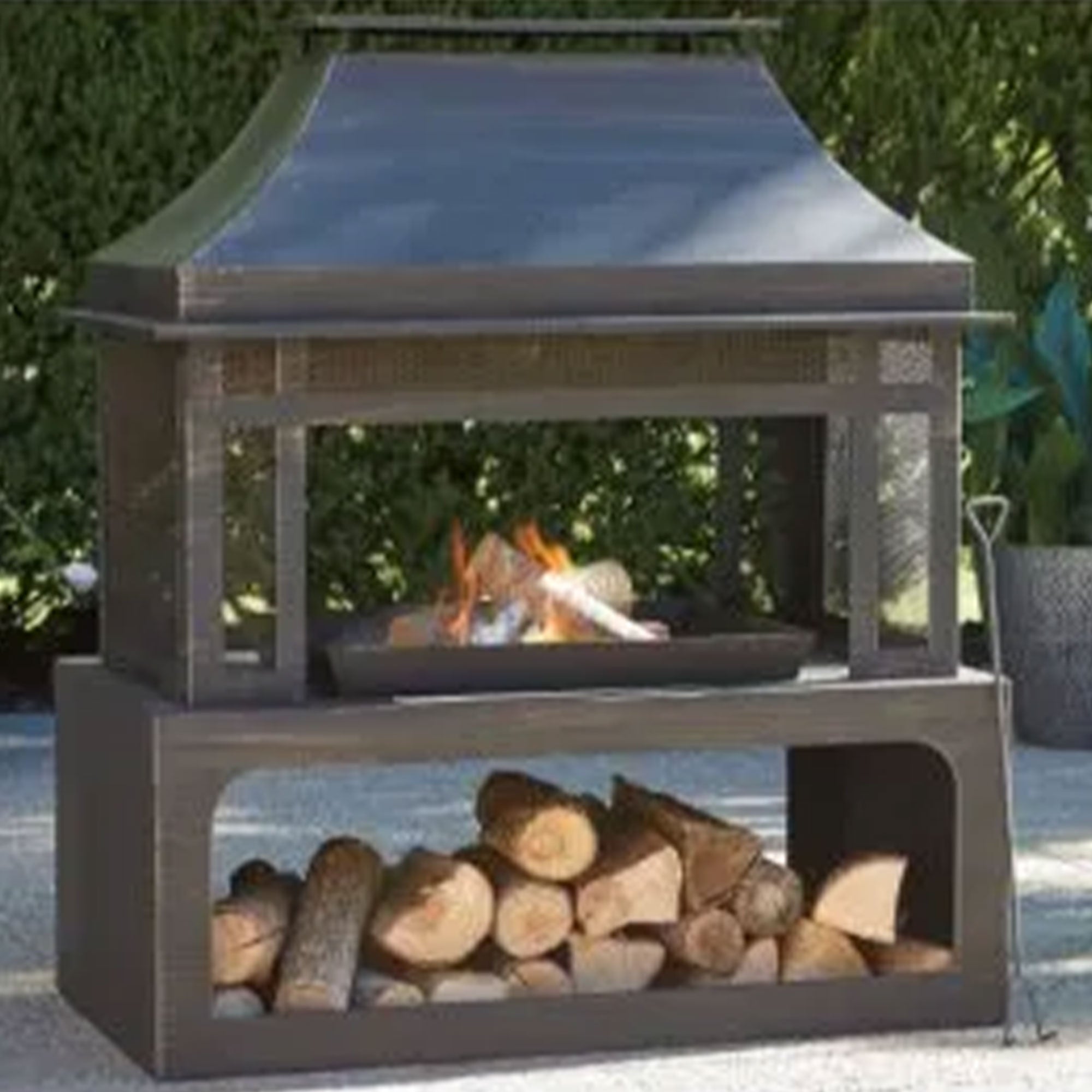 Four Seasons Courtyard Wood Burning Fireplace with Log Rack and Tool, Black/Gold - VMInnovations