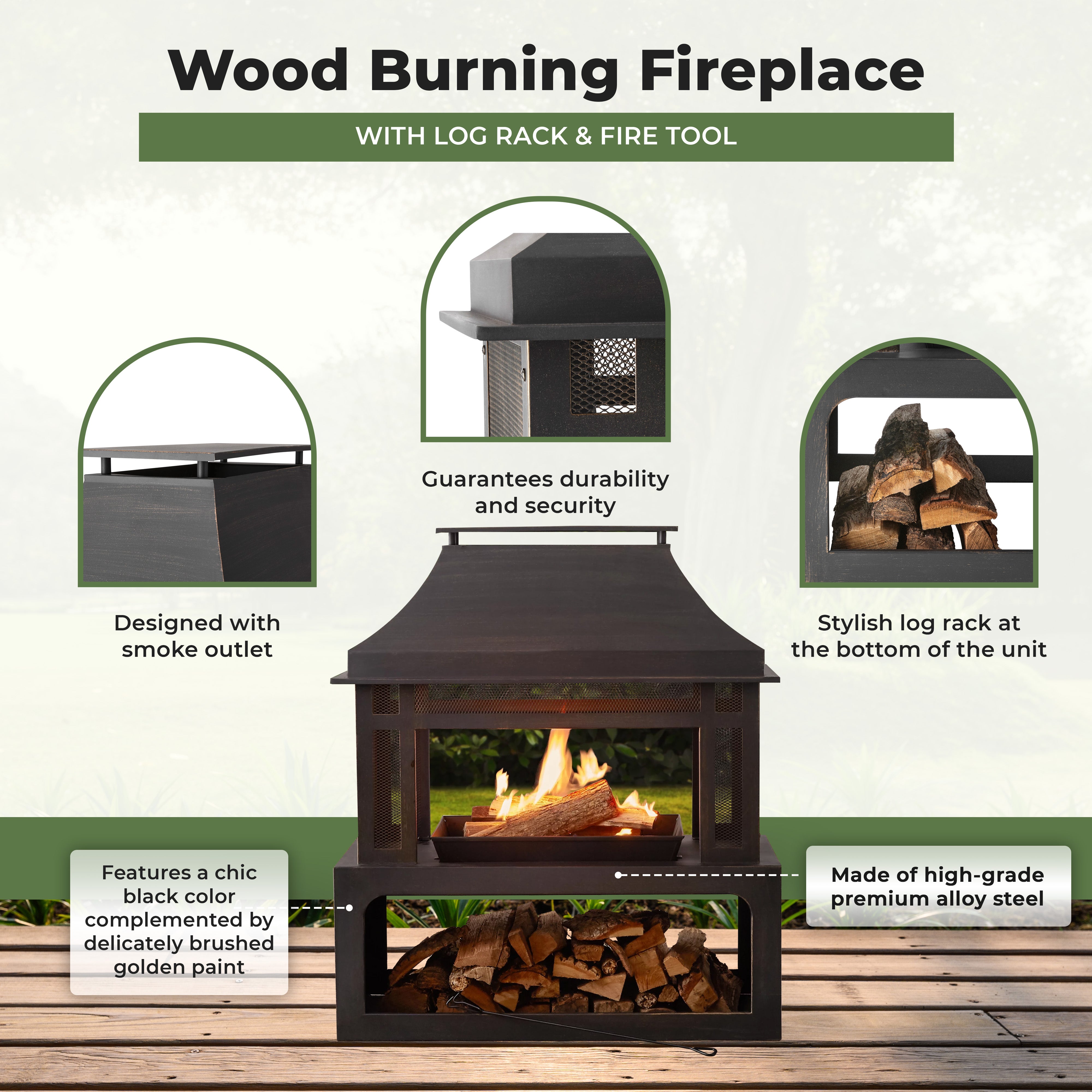 Four Seasons Courtyard Wood Burning Fireplace w/ Log Rack & Tool, Blk/Gld (Used) - VMInnovations
