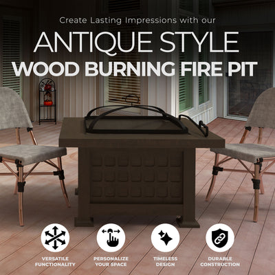 Four Seasons Courtyard Antique Style Wood Burning Fire Pit with Slate Top Table