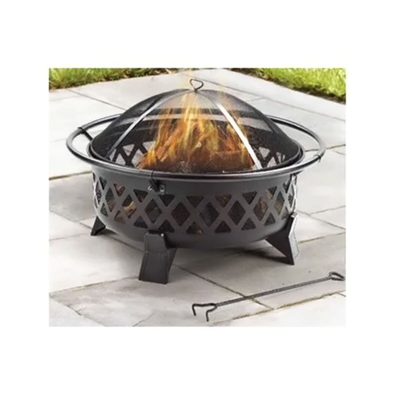 Four Seasons Courtyard 35 Inch Round Lattice Fire Pit w/Steel Legs & Safety Ring