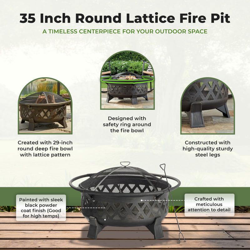 Four Seasons Courtyard 35 Inch Round Lattice Fire Pit w/Steel Legs & Safety Ring