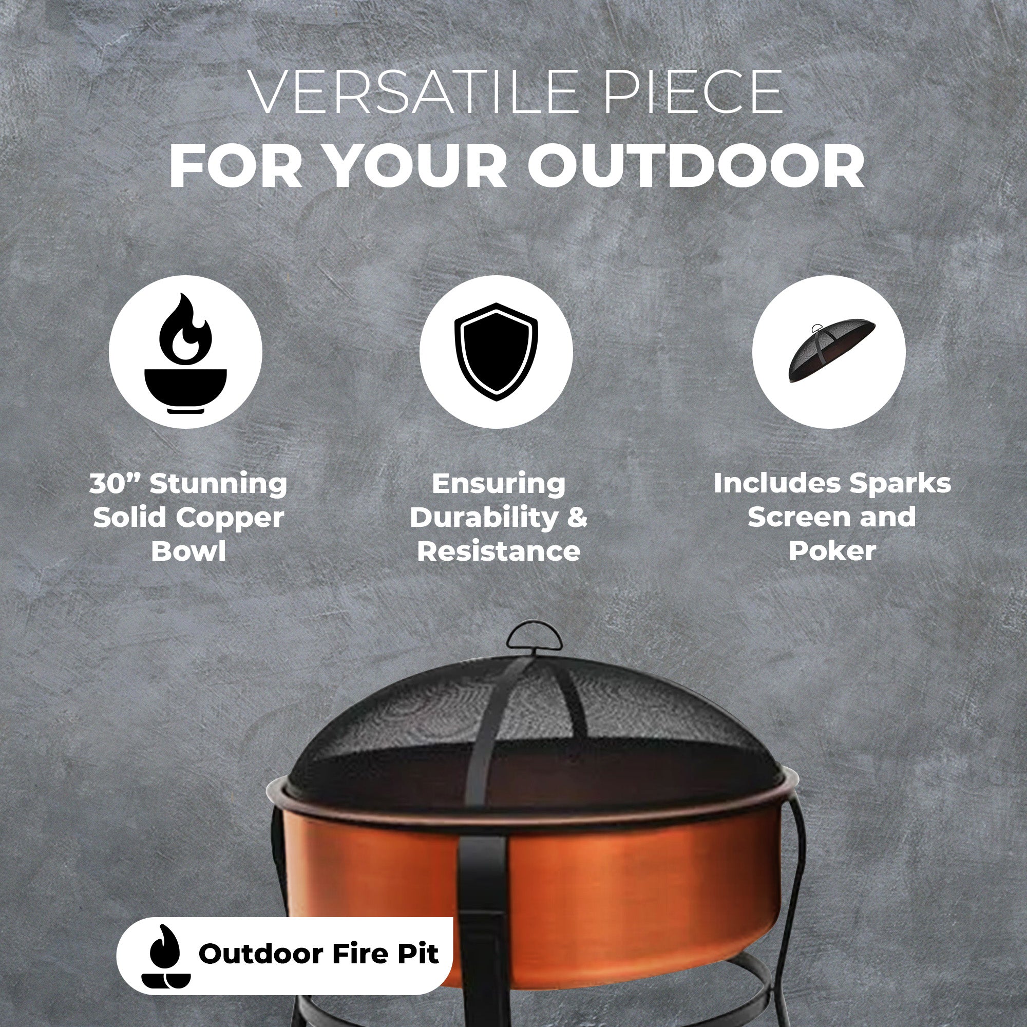 Four Seasons Courtyard 30" Copper Fire Pit with Screen and Poker, Black/Copper - VMInnovations