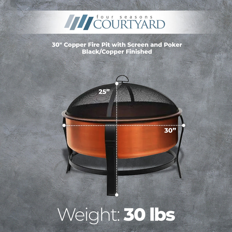 Four Seasons Courtyard 30" Copper Fire Pit with Screen and Poker, Black/Copper