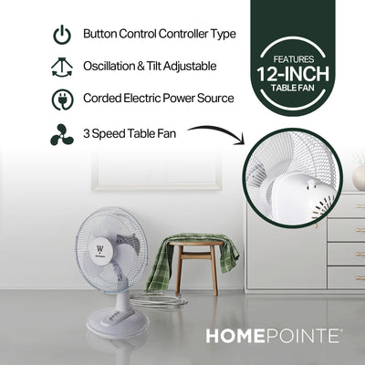 HomePointe Westpointe 12 Inch Table Fan w/ 3 Speed Settings for Home and Office