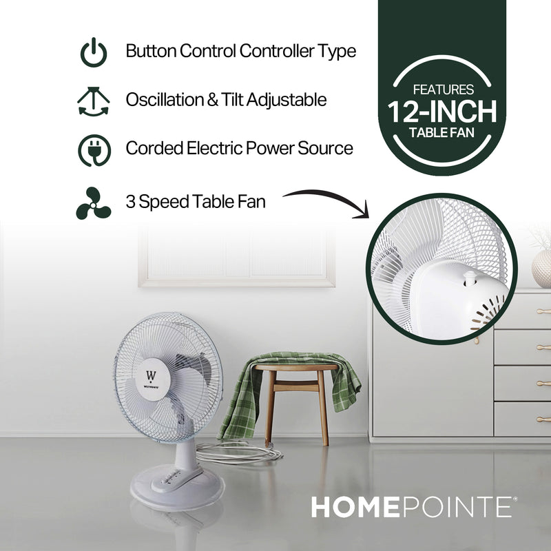 HomePointe Westpointe 12 Inch Table Fan w/ 3 Speed Settings for Home and Office