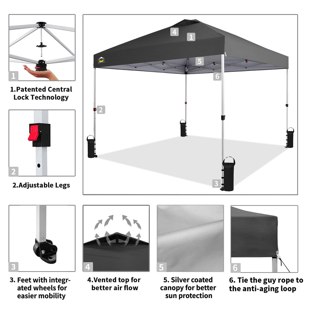 CROWN SHADES 10x10 Ft Pop Up Outdoor Canopy Tent with 1 Push Center Lock, Grey