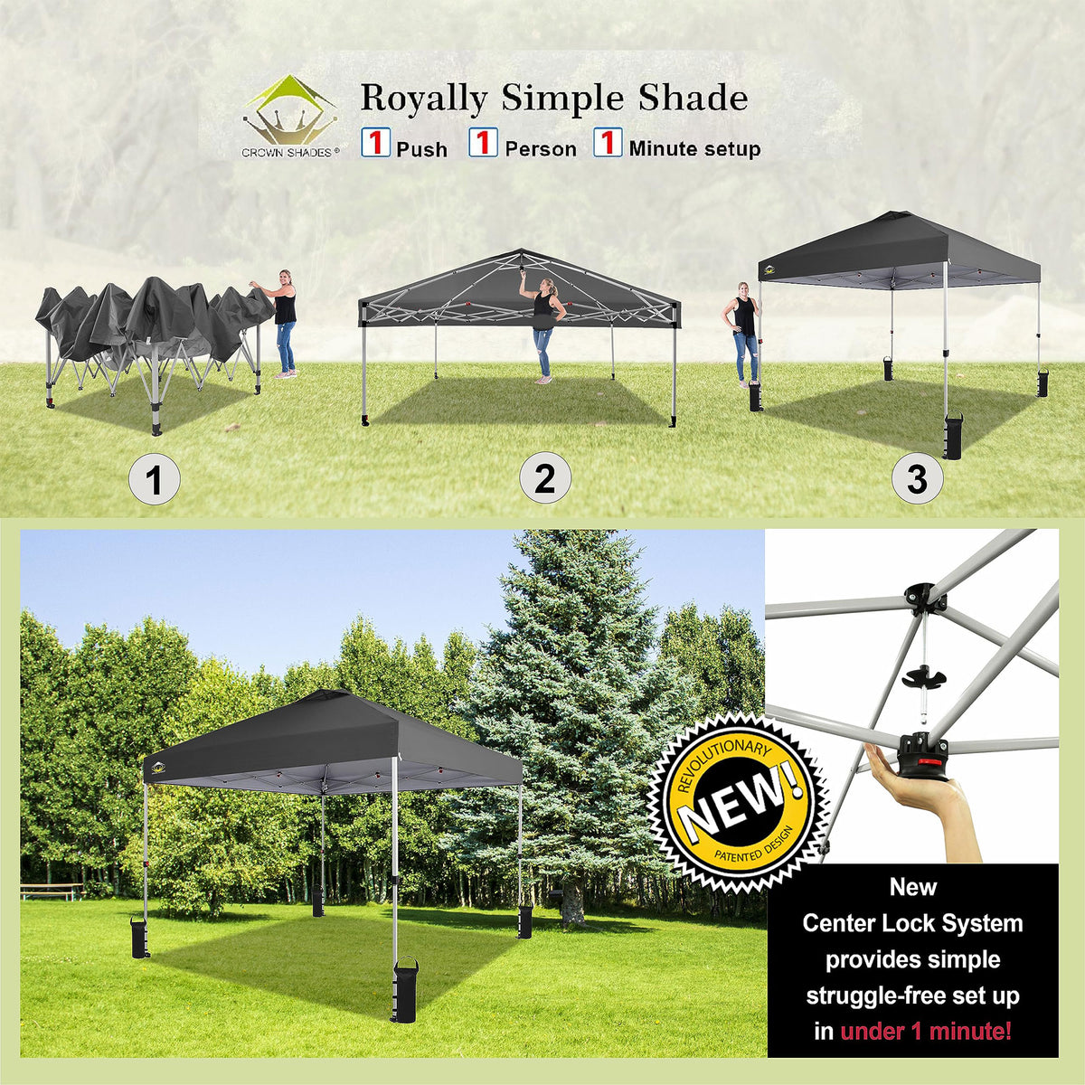 CROWN SHADES 10x10 Ft Pop Up Outdoor Canopy Tent with 1 Push Center Lock, Grey