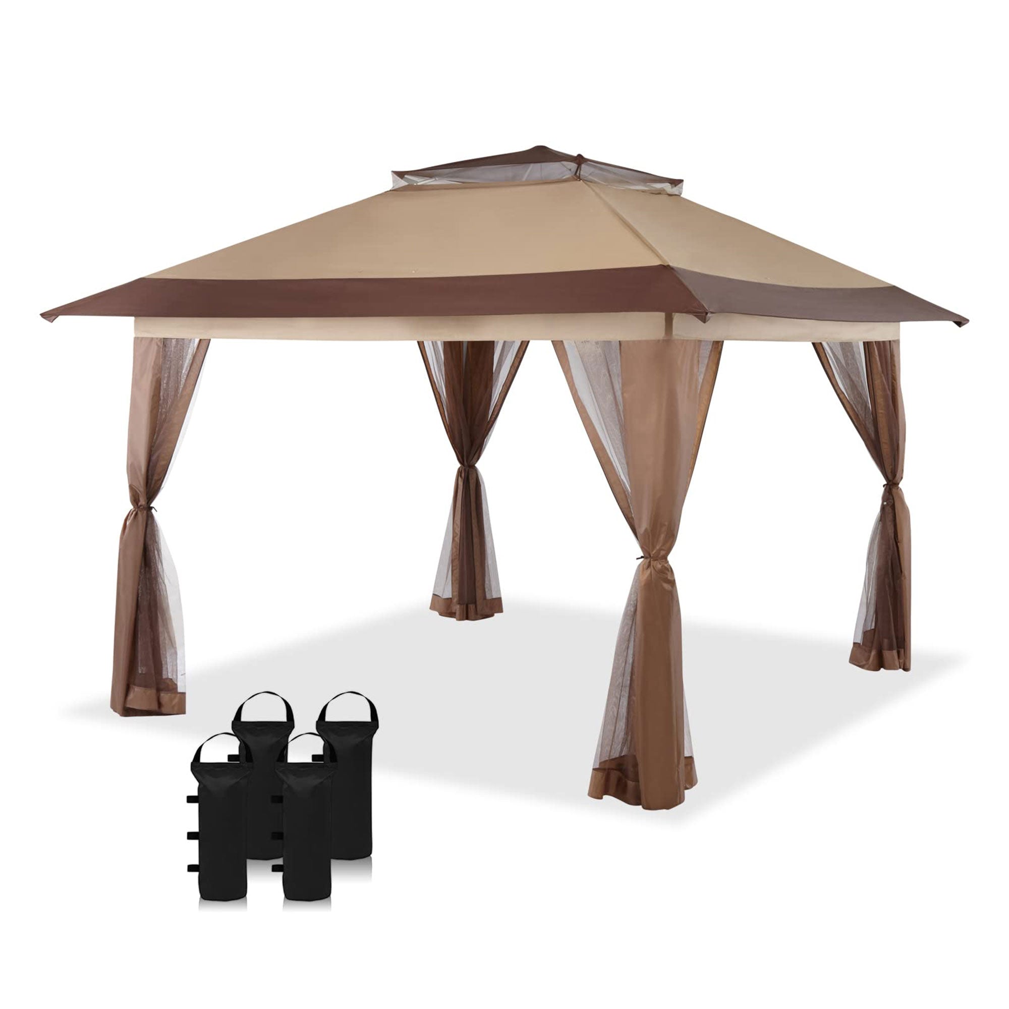 CROWN SHADES 13 x 13 Ft Pop Up Gazebo Shelter w/ 4 Net Sidewalls, Beige/Coffee