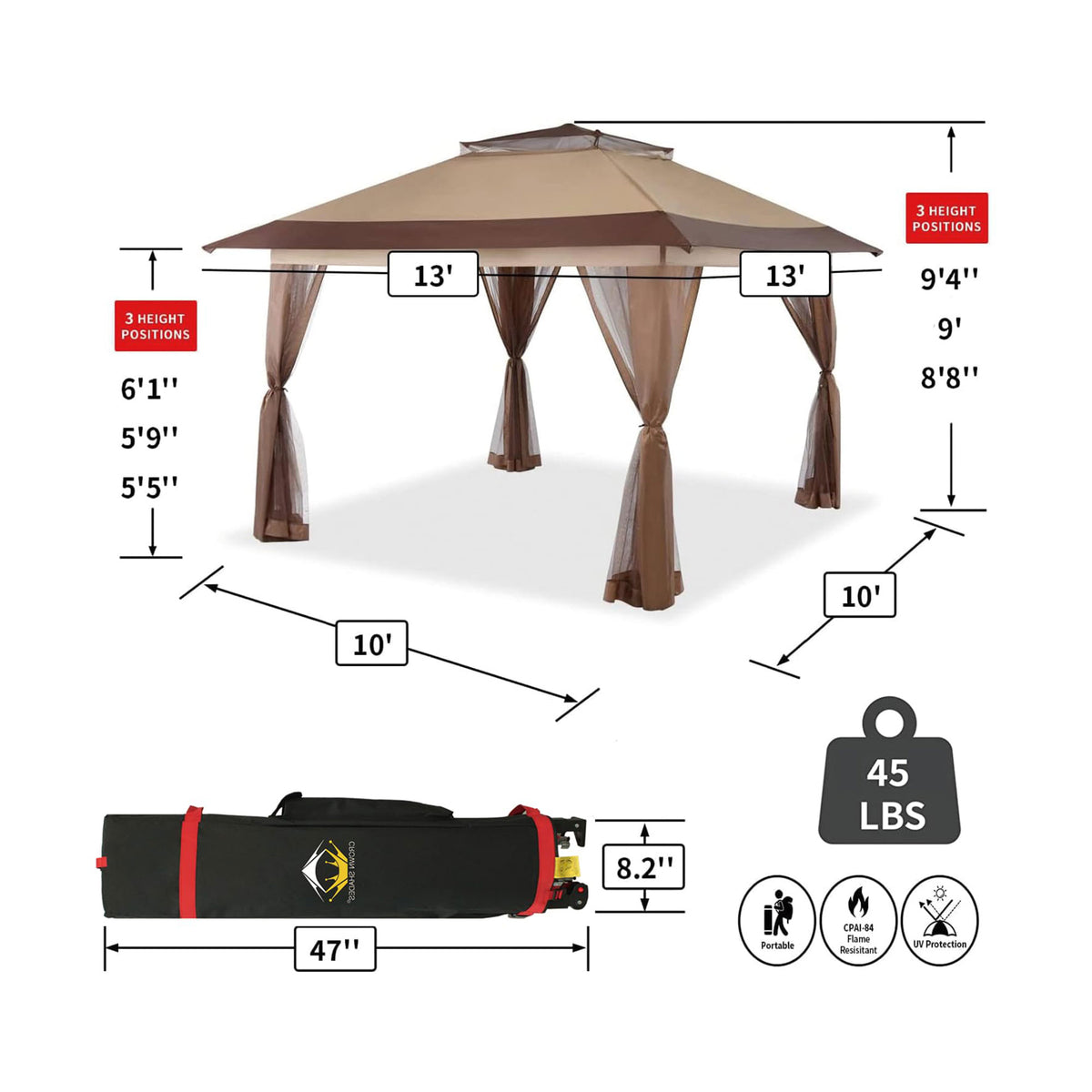 CROWN SHADES 13 x 13 Ft Pop Up Gazebo Shelter w/ 4 Net Sidewalls, Beige/Coffee