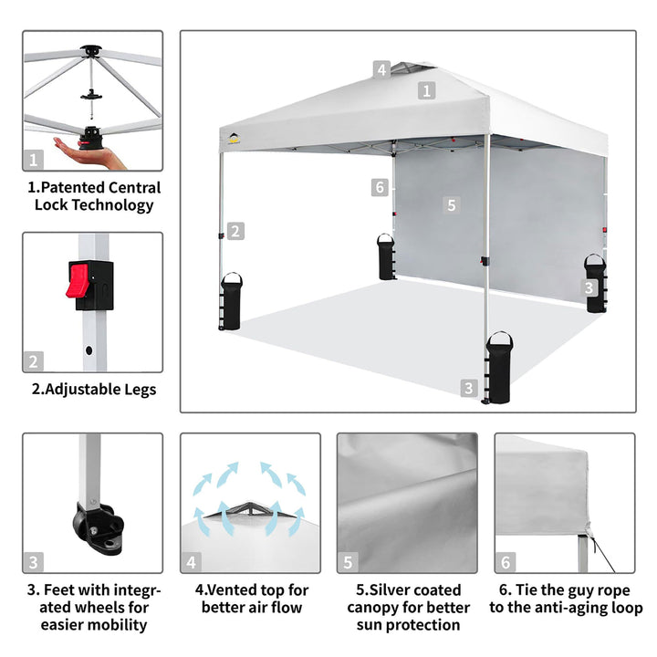 CROWN SHADES 10x10 Ft Pop Up Tent w/ Sidewall & Push Center Lock, White (Used) - VMInnovations