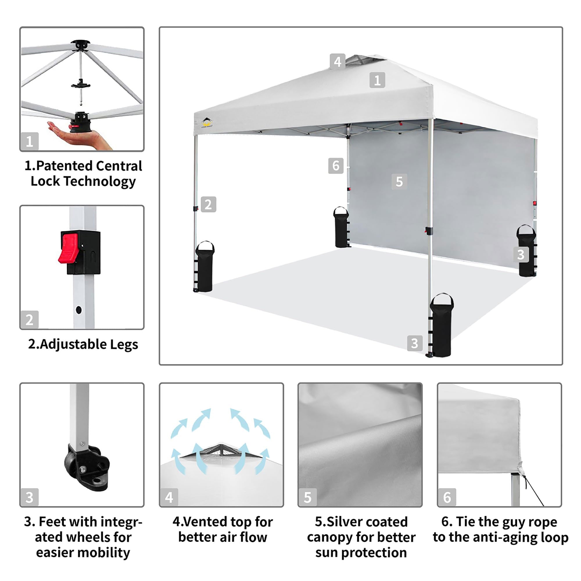 CROWN SHADES 10x10 Ft Pop Up Canopy Tent w/ Sidewall & Push Center Lock, White - VMInnovations