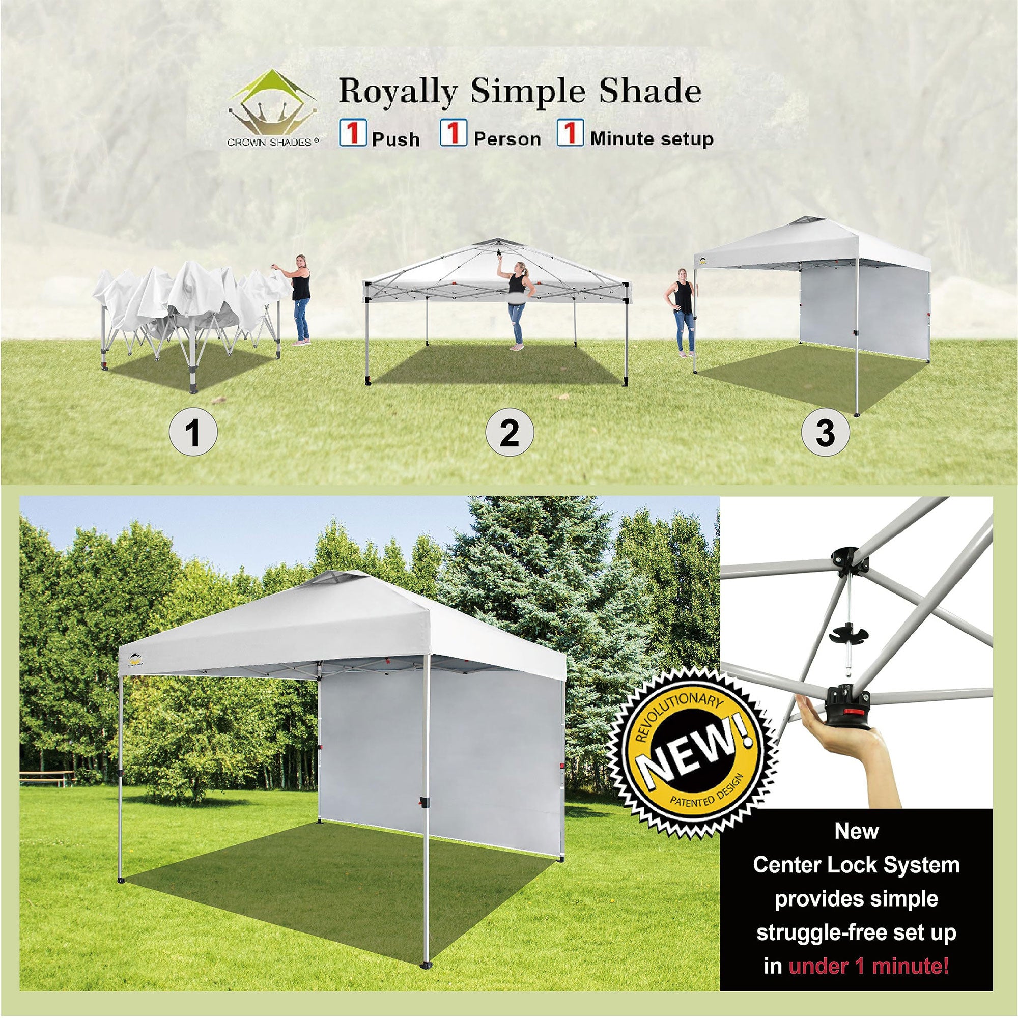 CROWN SHADES 10x10 Ft Pop Up Canopy Tent w/ Sidewall & Push Center Lock, White - VMInnovations