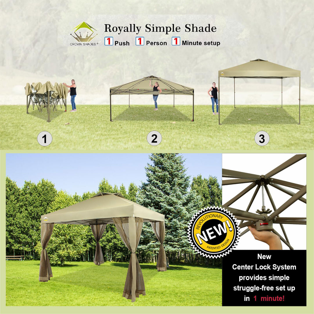 CROWN SHADES 10x10Ft Pop Up Gazebo Shelter w/Mosquito Net Sidewalls, Beige(Used) - VMInnovations
