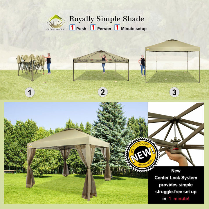 CROWN SHADES 10x10Ft Pop Up Gazebo Shelter w/Mosquito Net Sidewalls, Beige(Used) - VMInnovations