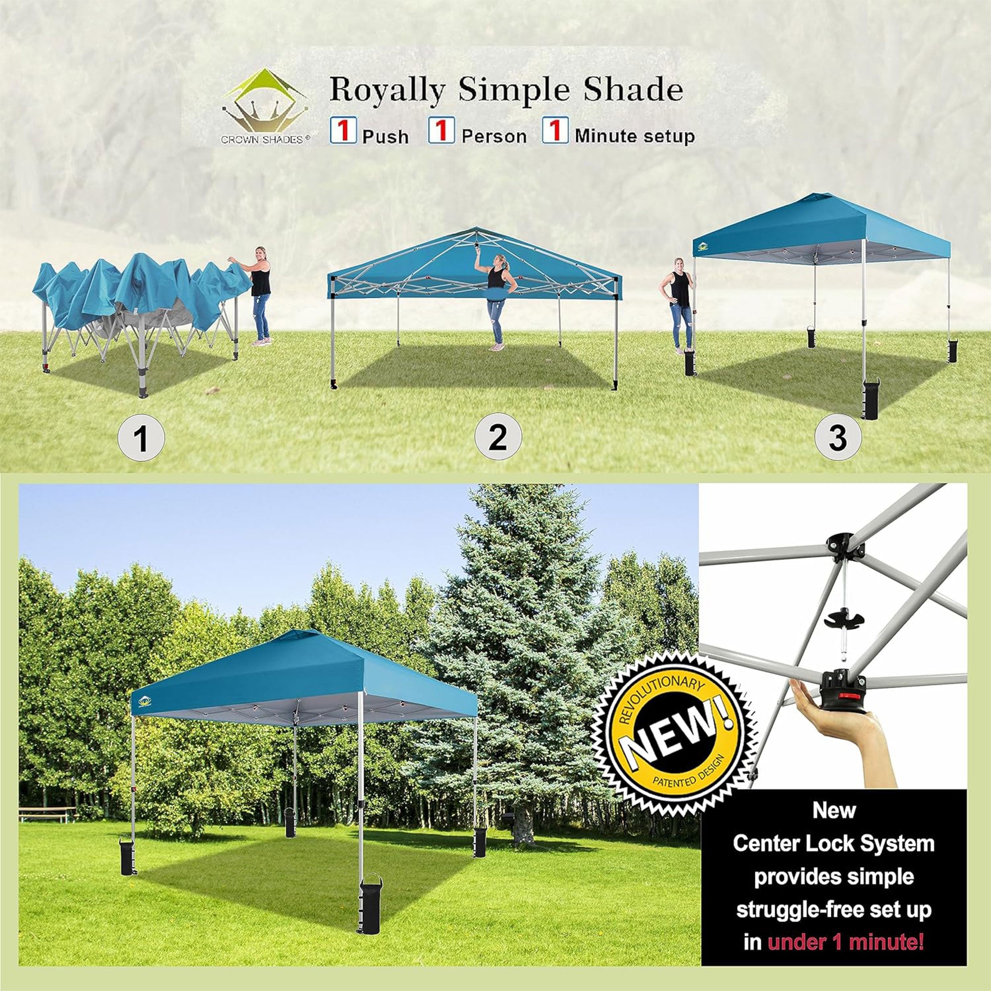 CROWN SHADES 10x10 Ft Pop Up Outdoor Canopy Tent, 1 Push Center Lock, Cyan Blue