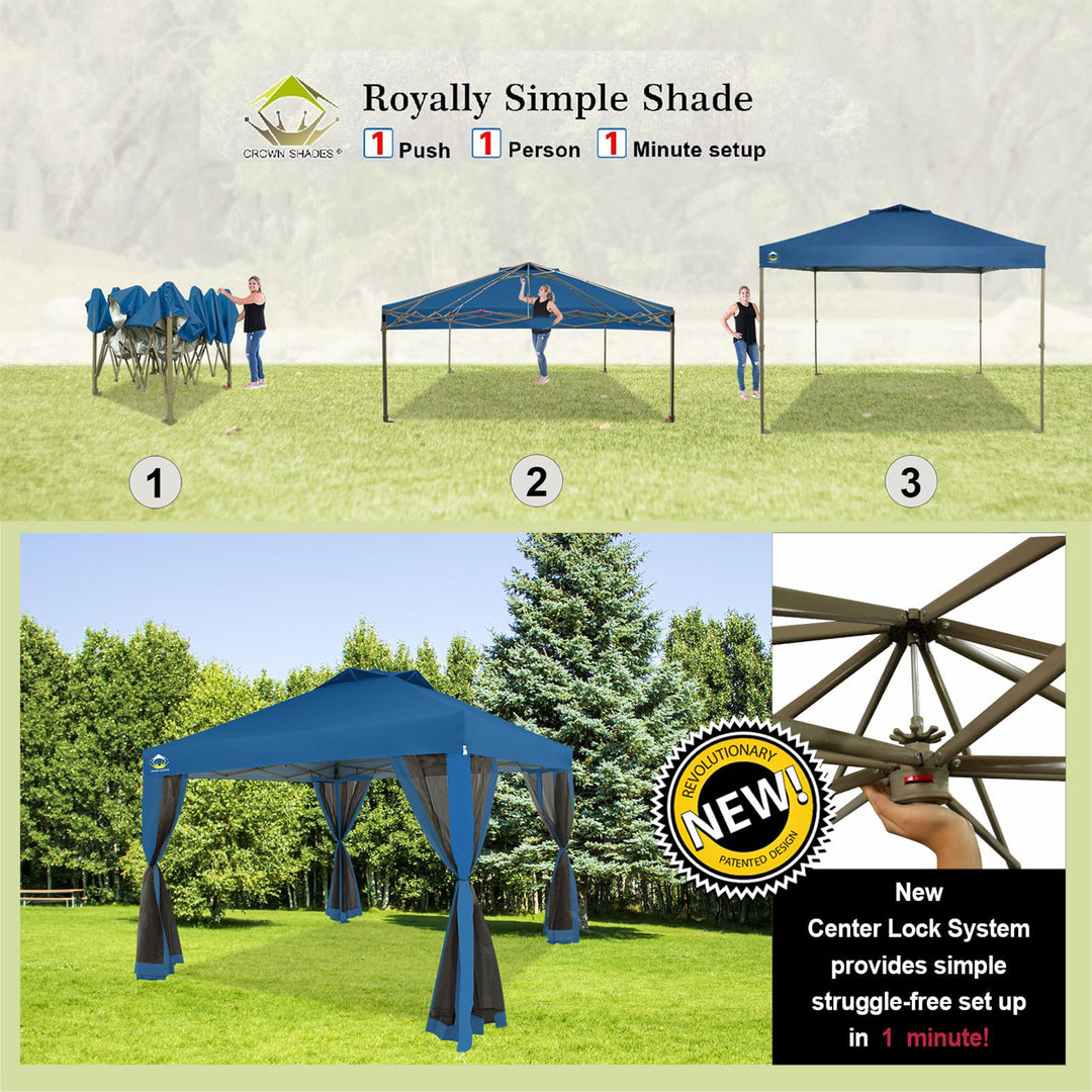 CROWN SHADES 10 x 10 Ft Pop Up Gazebo w/ Mosquito Net Sidewalls, Blue (Used) - VMInnovations