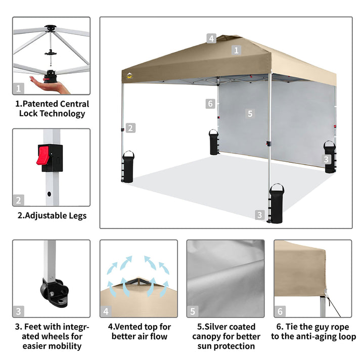 CROWN SHADES 10x10 Ft Pop Up Canopy Tent w/ Sidewall & Push Lock, Beige (Used) - VMInnovations