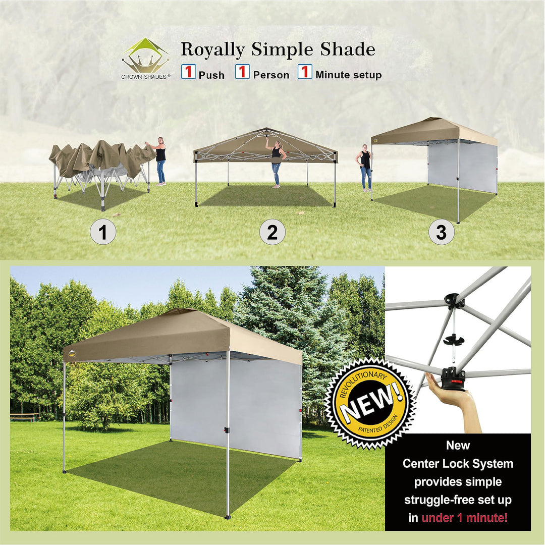 CROWN SHADES 10x10 Ft Pop Up Canopy Tent w/ Sidewall & Push Lock, Beige (Used) - VMInnovations