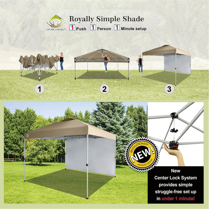 CROWN SHADES 10x10 Ft Pop Up Canopy Tent w/ Sidewall & Push Lock, Beige (Used) - VMInnovations