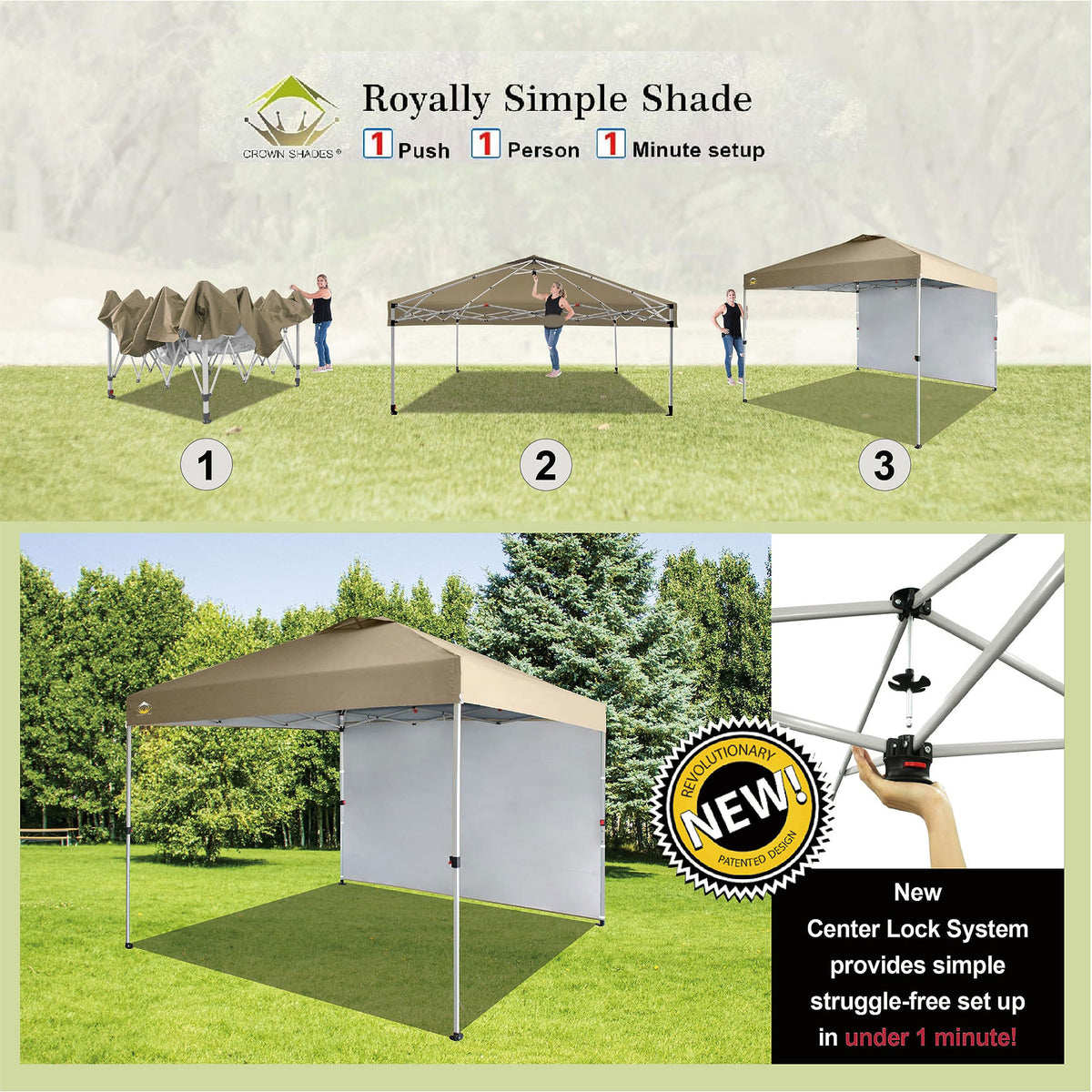 CROWN SHADES 10x10 Ft Pop Up Canopy Tent w/ Sidewall & Push Center Lock, Beige