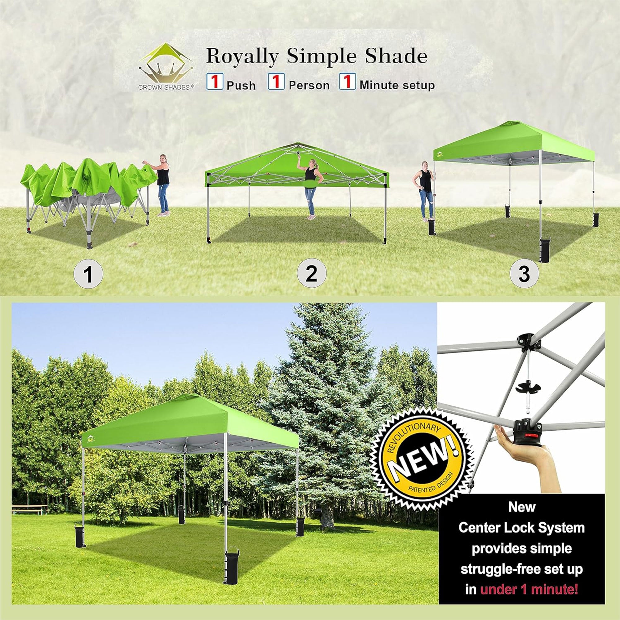 CROWN SHADES 10x10 Ft Pop Up Outdoor Canopy Tent with 1 Push Center Lock, Green