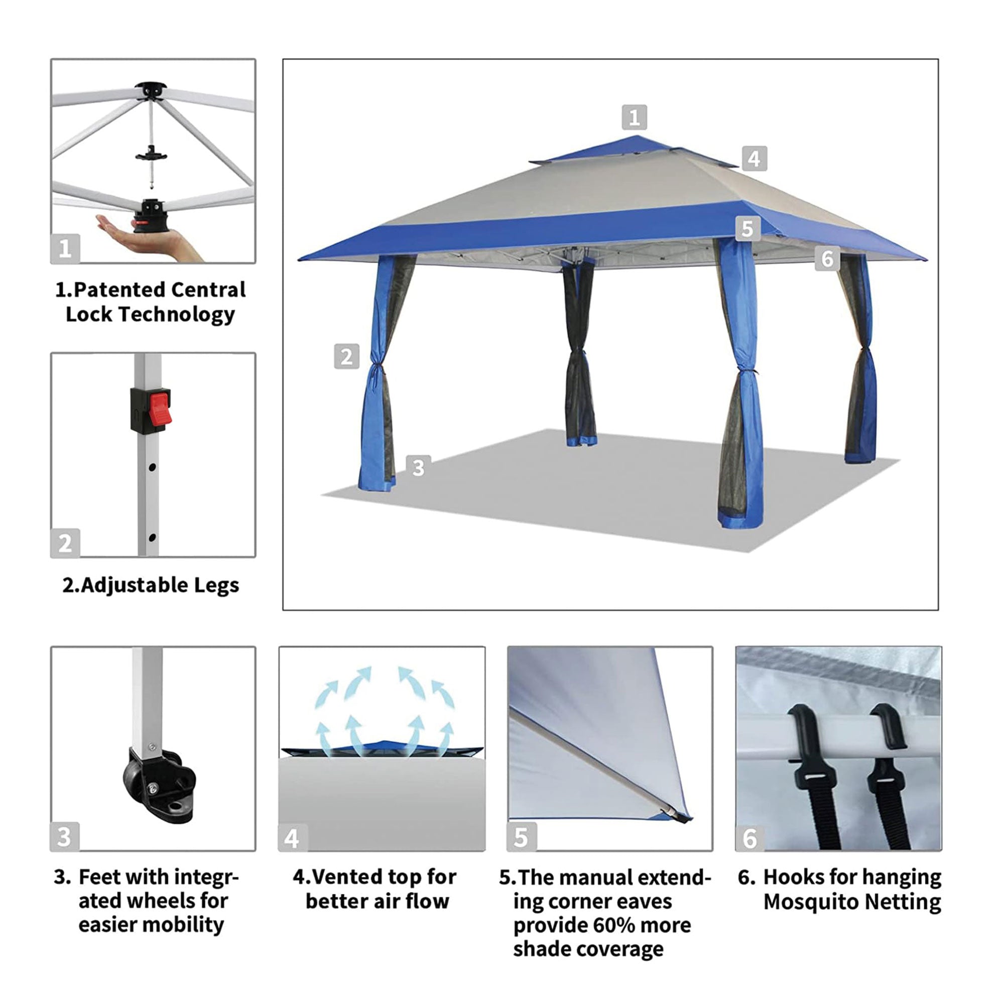 CROWN SHADES 13 x 13 Ft Pop Up Gazebo Shelter with 4 Net Sidewalls, Blue/Grey