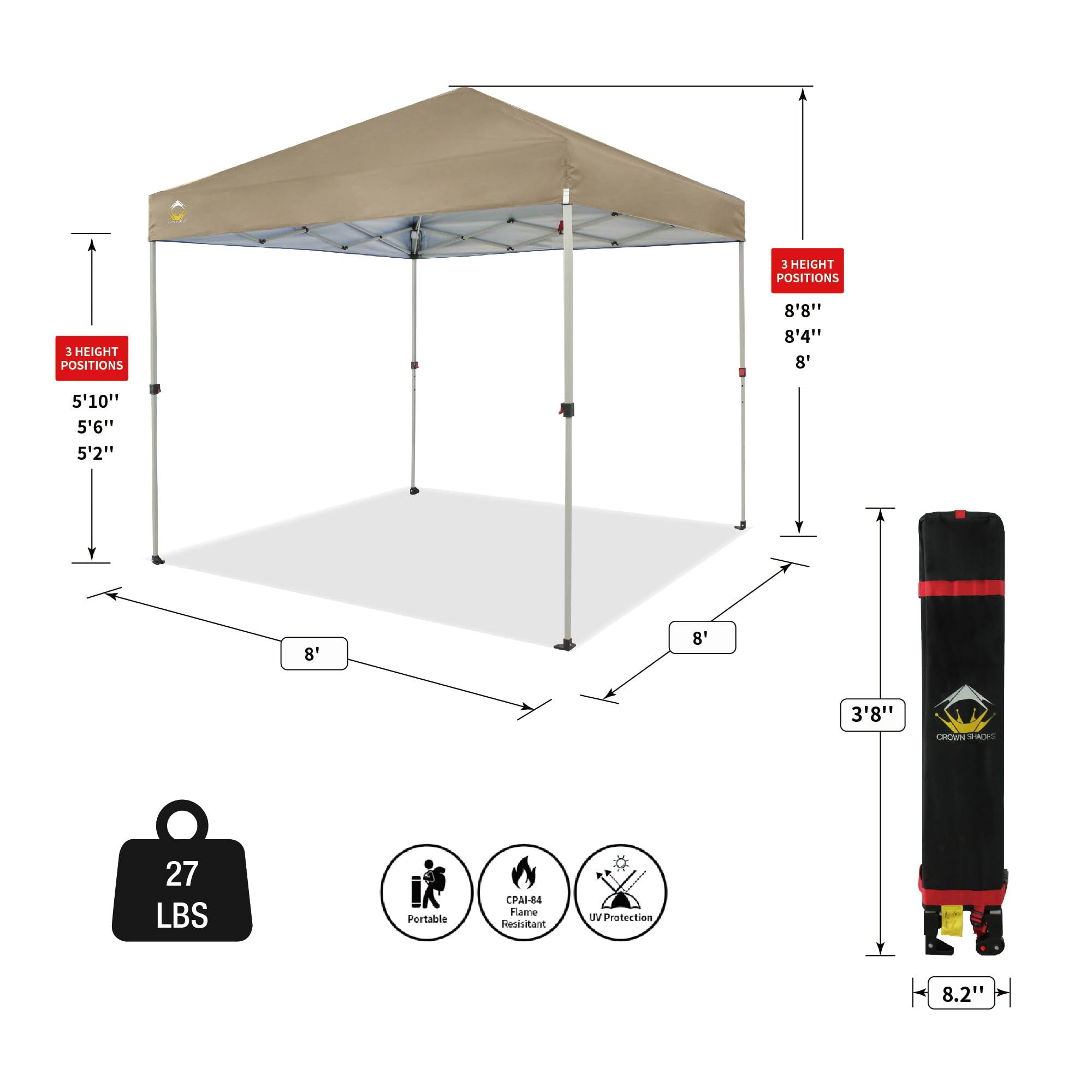 CROWN SHADES 8x8 Ft Pop Up Outdoor Canopy Tent with 1 Push Center Lock, Beige
