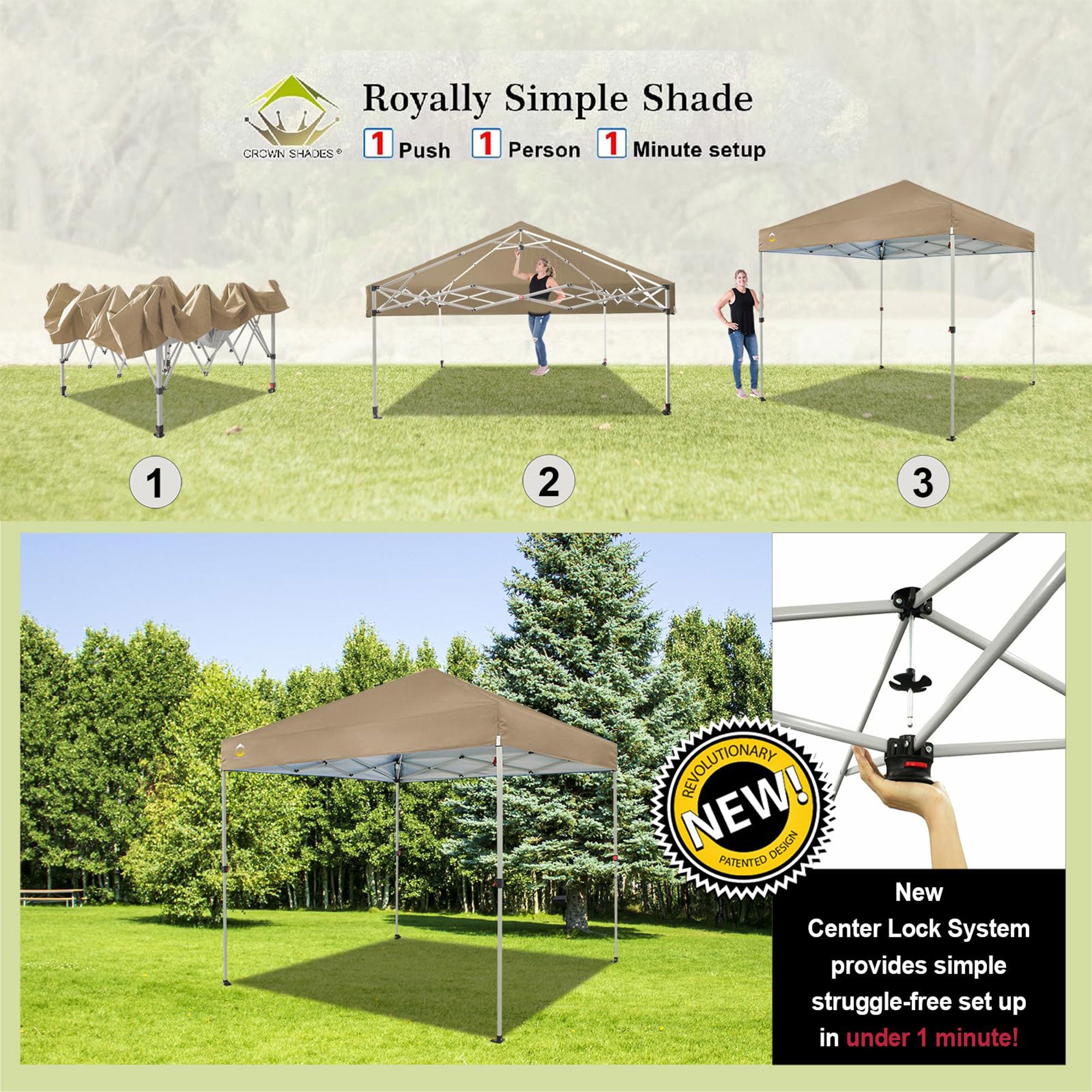 CROWN SHADES 8x8 Ft Pop Up Outdoor Canopy Tent with 1 Push Center Lock, Beige