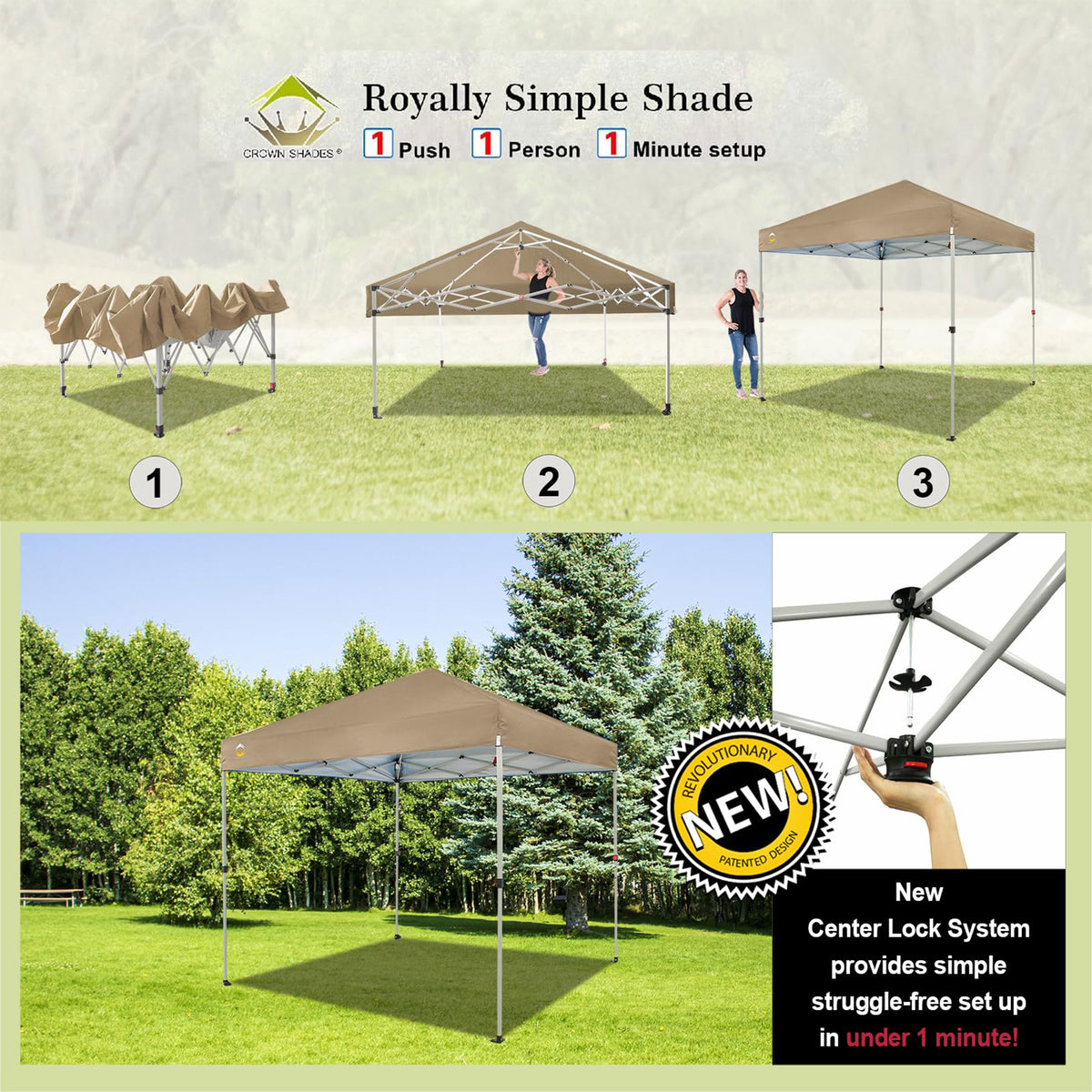 CROWN SHADES 8x8 Ft Pop Up Outdoor Canopy Tent with 1 Push Center Lock, Beige