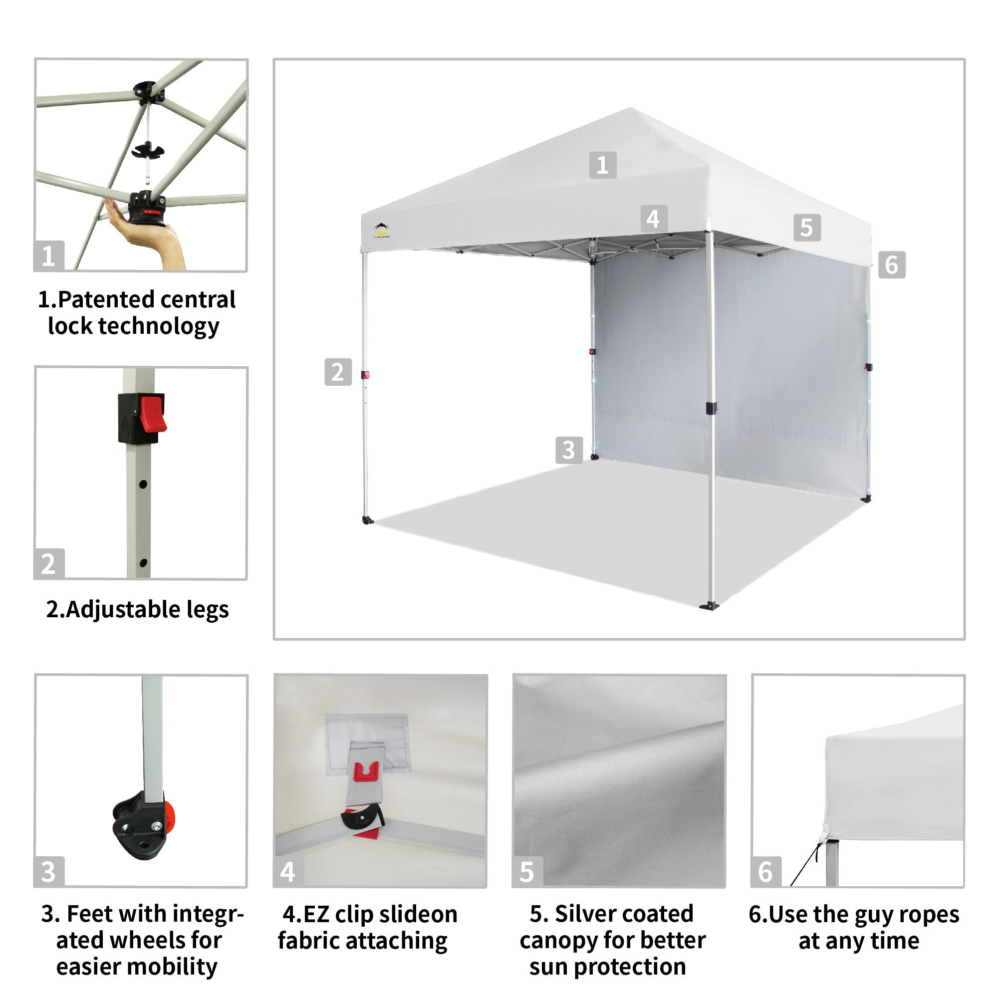 CROWN SHADES 8x8 Ft Pop Up Canopy Tent w/ Sidewall & 1 Push Center Lock, White