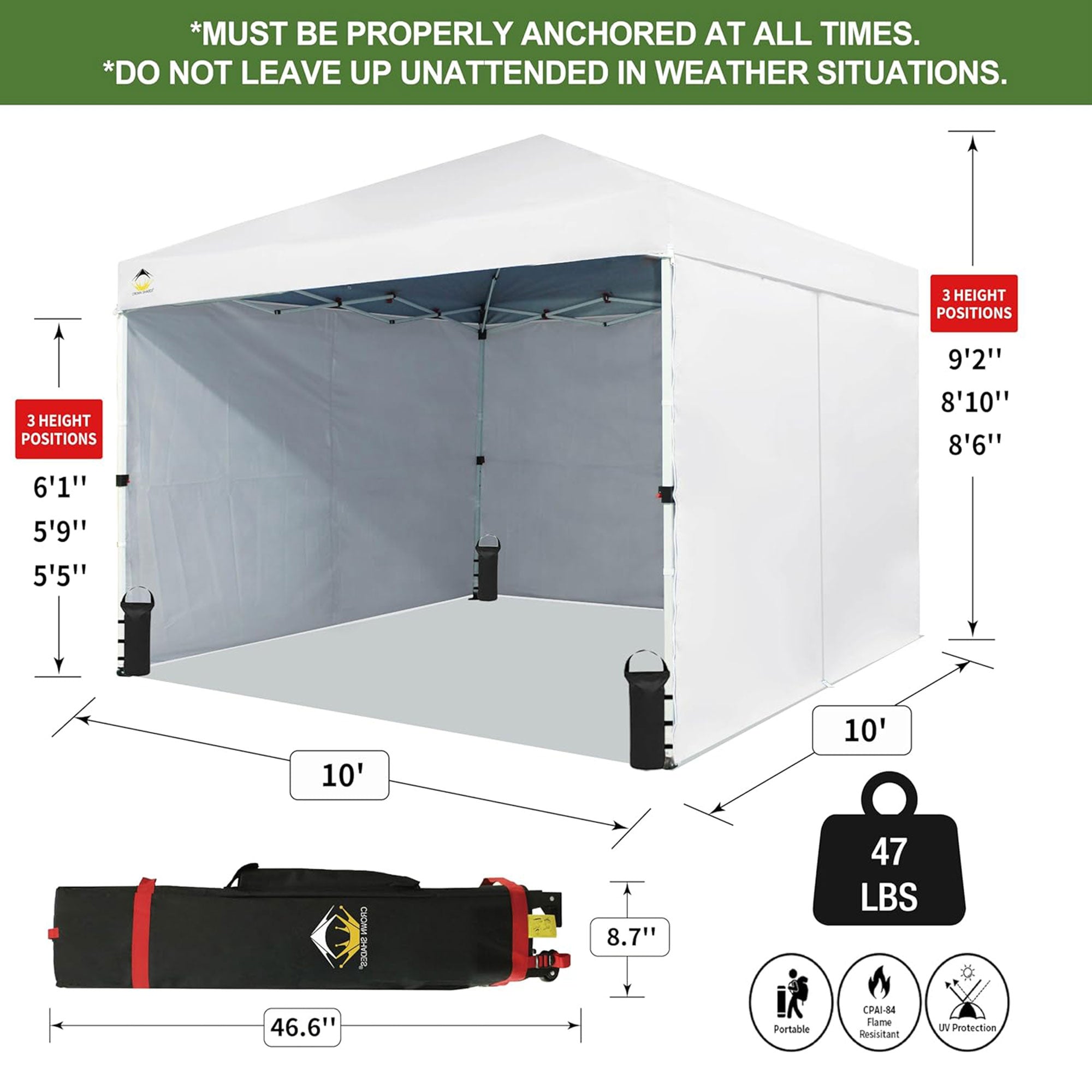 CROWN SHADES 10x10 Ft Pop Up Canopy Tent with 2 Wheels and 4 Sidewalls, White