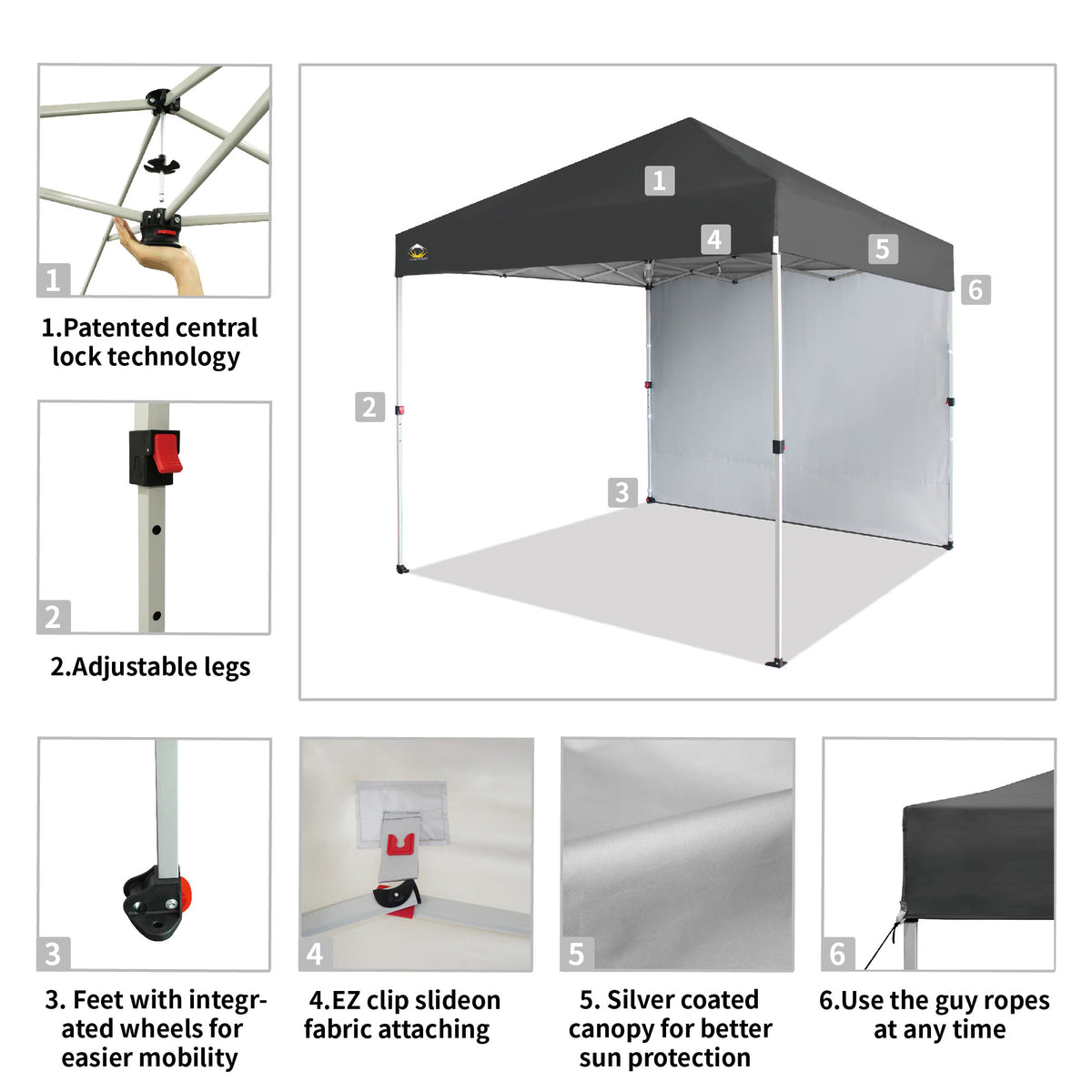 CROWN SHADES 8x8 Ft Pop Up Canopy Tent w/ Sidewall & 1 Push Center Lock, Grey