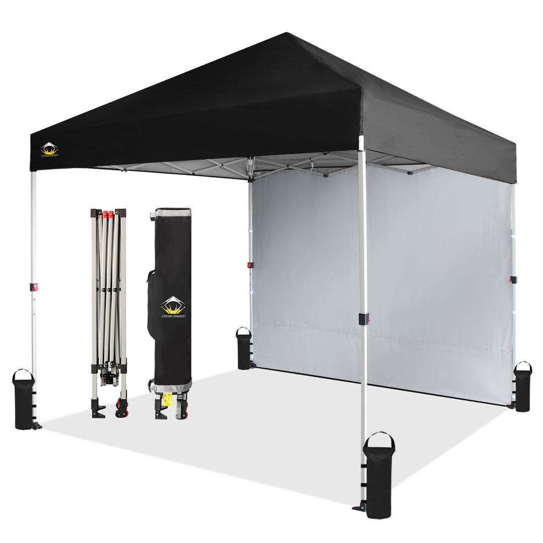 CROWN SHADES 8x8 Ft Canopy Tent w/ Sidewall & 1 Push Center Lock, Black (Used) - VMInnovations