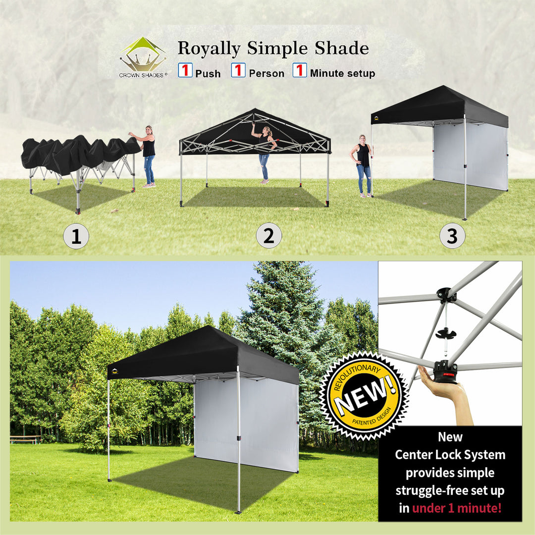 CROWN SHADES 8x8 Ft Canopy Tent w/ Sidewall & 1 Push Center Lock, Black (Used) - VMInnovations