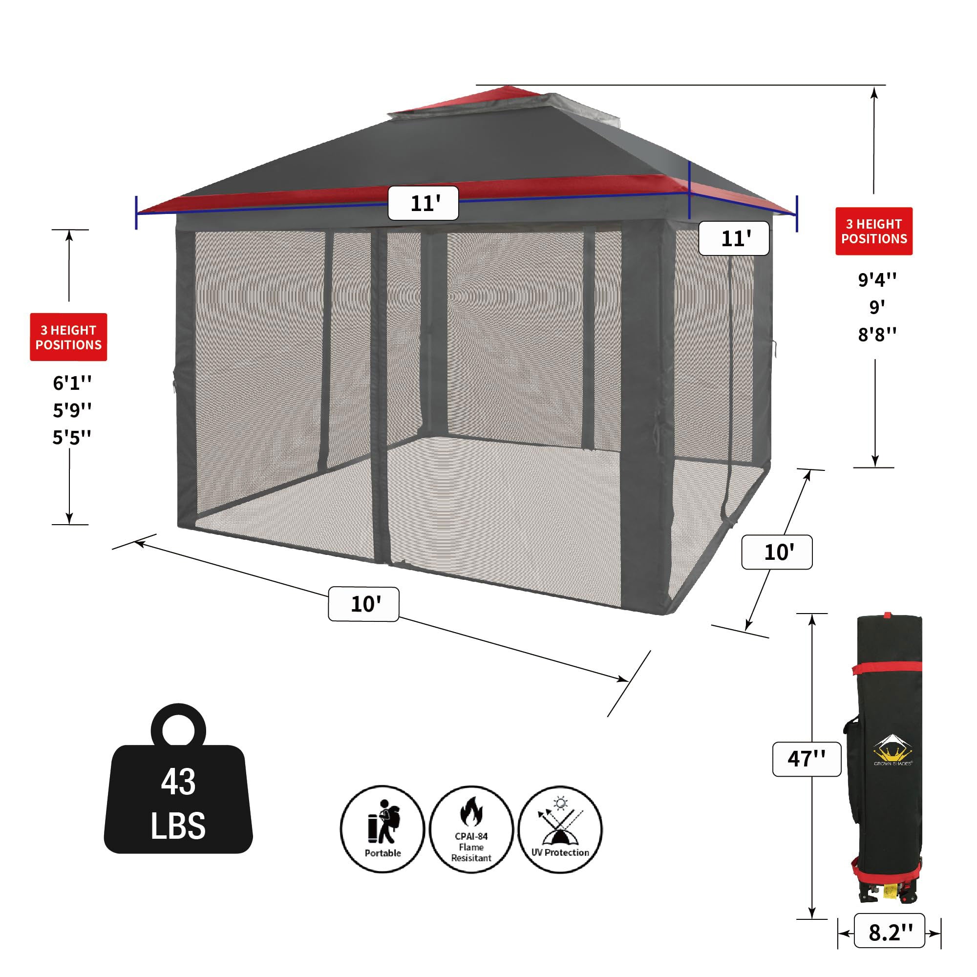 CROWN SHADES 11 x 11 Ft Pop Up Gazebo Shelter w/Mosquito Net Sidewalls, Red/Grey