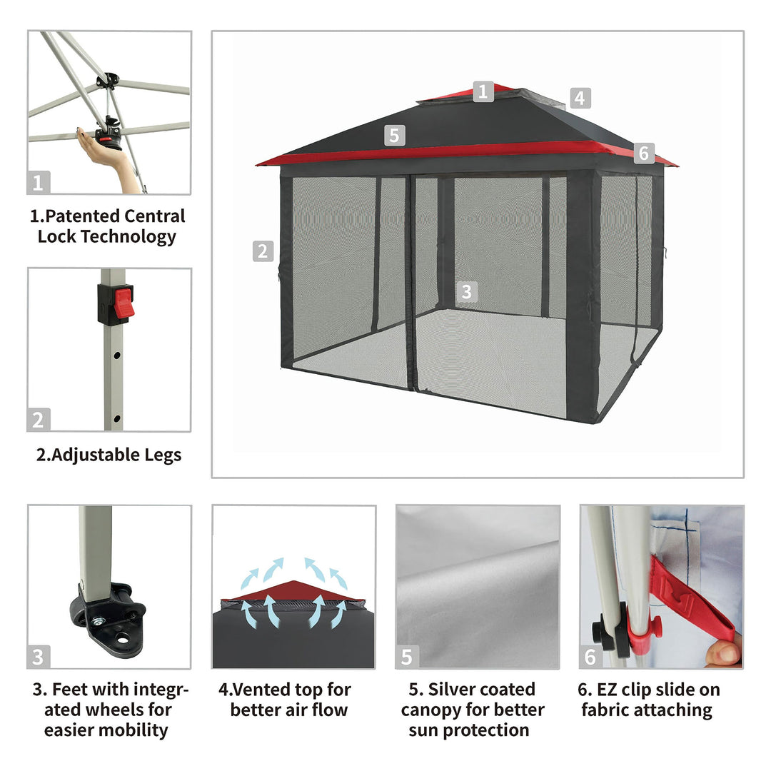 CROWN SHADES 11x11 Ft Pop Up Gazebo w/Mosquito Net Sidewalls, Red/Grey (Used) - VMInnovations