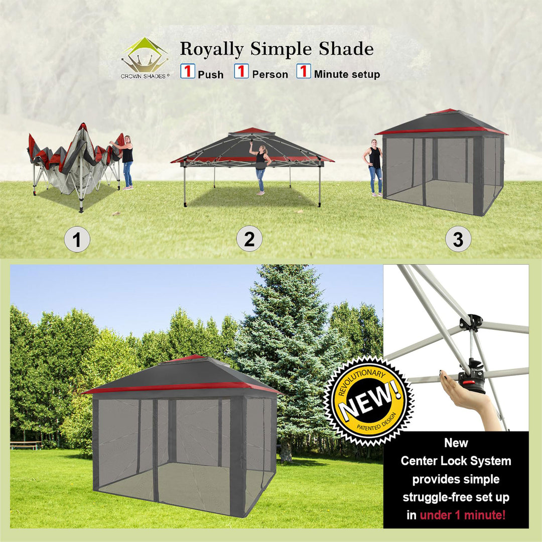 CROWN SHADES 11x11 Ft Pop Up Gazebo w/Mosquito Net Sidewalls, Red/Grey (Used) - VMInnovations