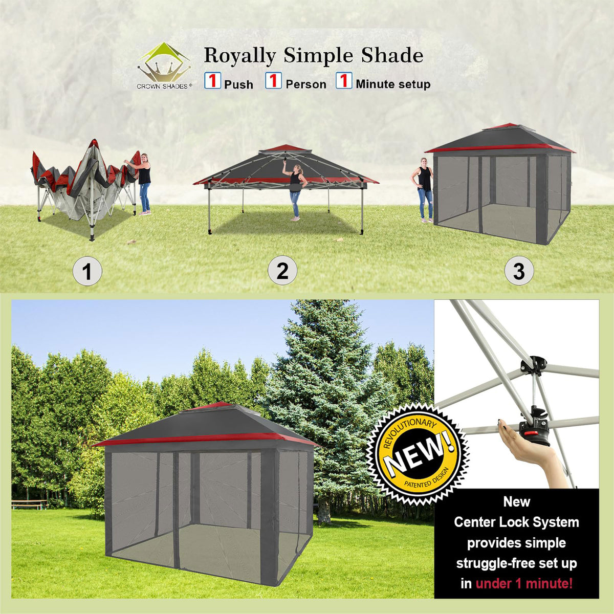 CROWN SHADES 11 x 11 Ft Pop Up Gazebo Shelter w/Mosquito Net Sidewalls, Red/Grey