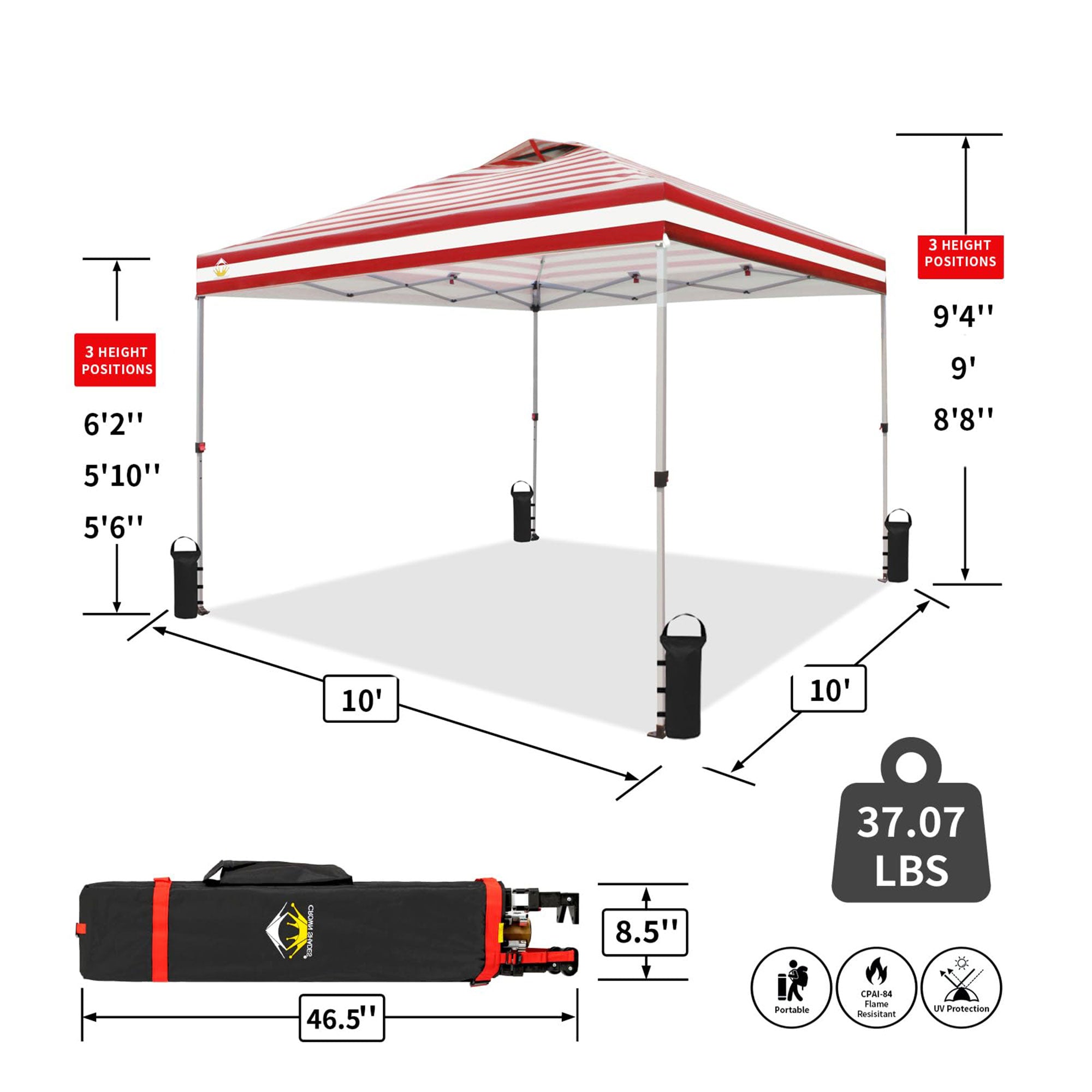 CROWN SHADES 10x10 Ft Pop Up Outdoor Canopy Tent, 1 Push Center Lock, Red Stripe - VMInnovations