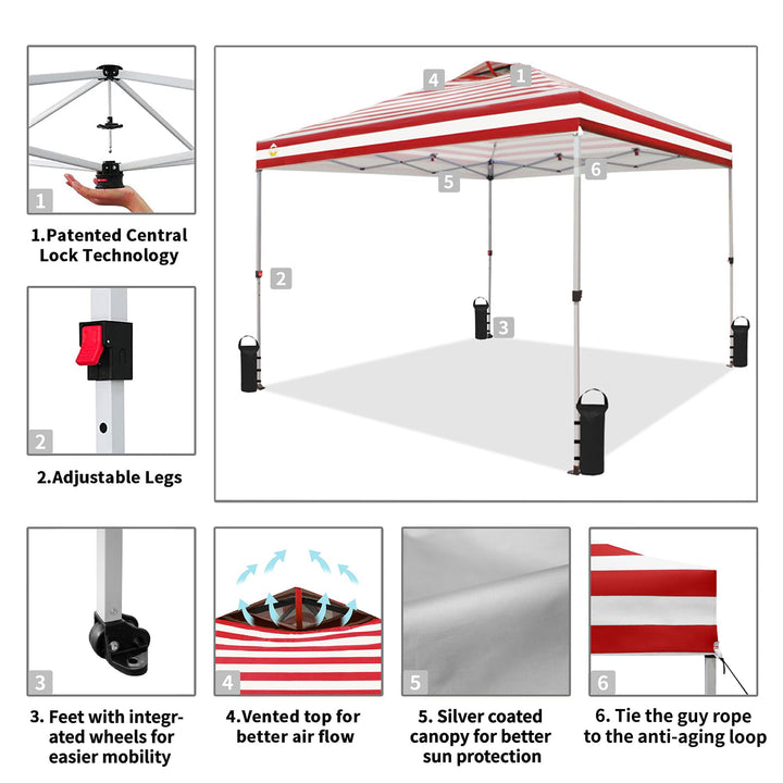 CROWN SHADES 10x10 Ft Pop Up Outdoor Canopy Tent, 1 Push Lock, Red Stripe (Used) - VMInnovations
