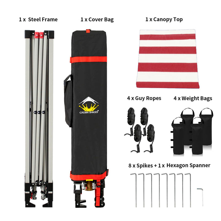 CROWN SHADES 10x10 Ft Pop Up Outdoor Canopy Tent, 1 Push Lock, Red Stripe (Used) - VMInnovations