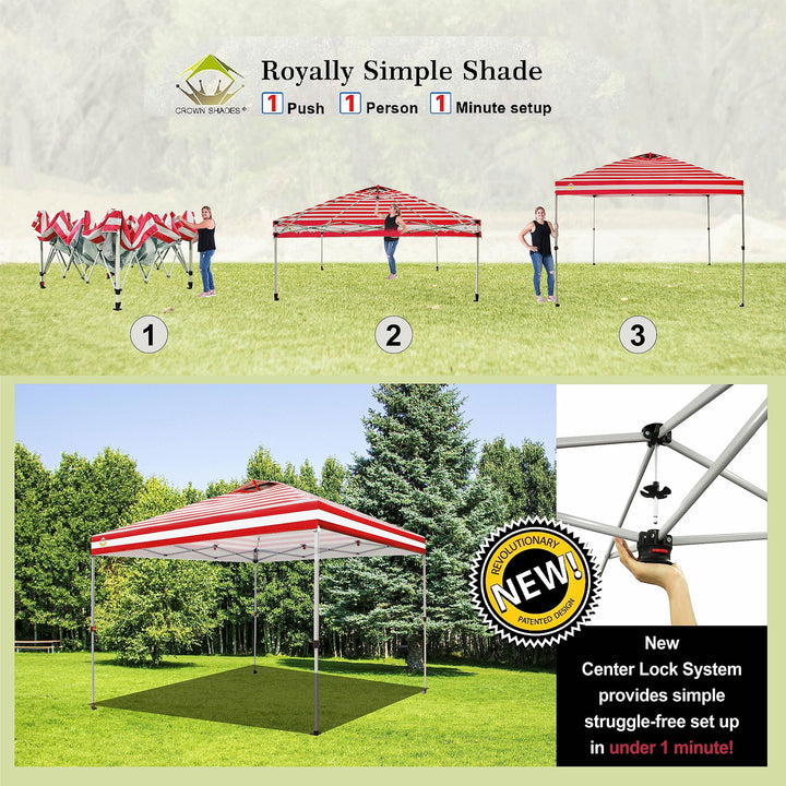 CROWN SHADES 10x10 Ft Pop Up Outdoor Canopy Tent, 1 Push Lock, Red Stripe (Used) - VMInnovations