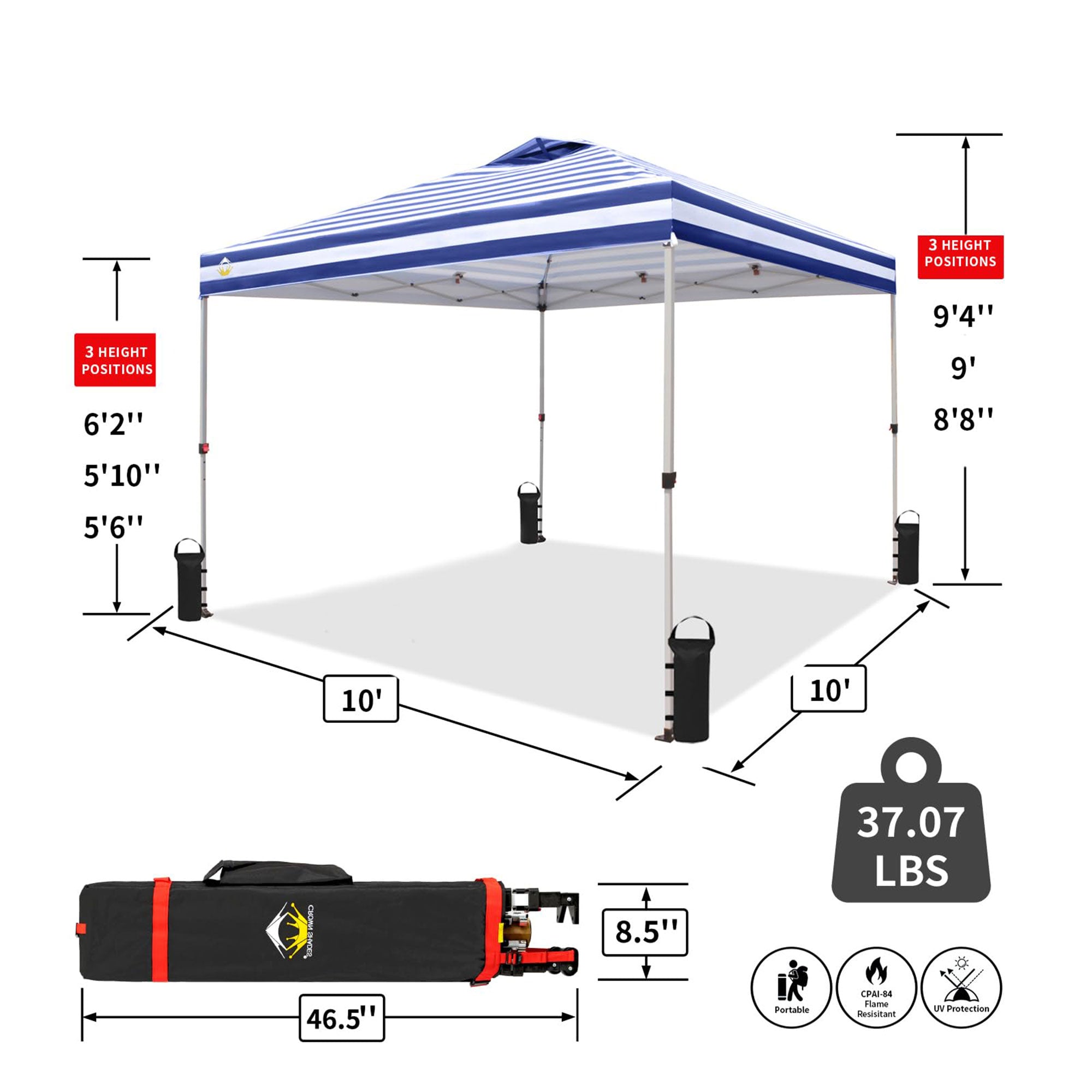 CROWN SHADES 10x10 Ft Pop Up Outdoor Canopy Tent, Push Center Lock, Navy Stripe