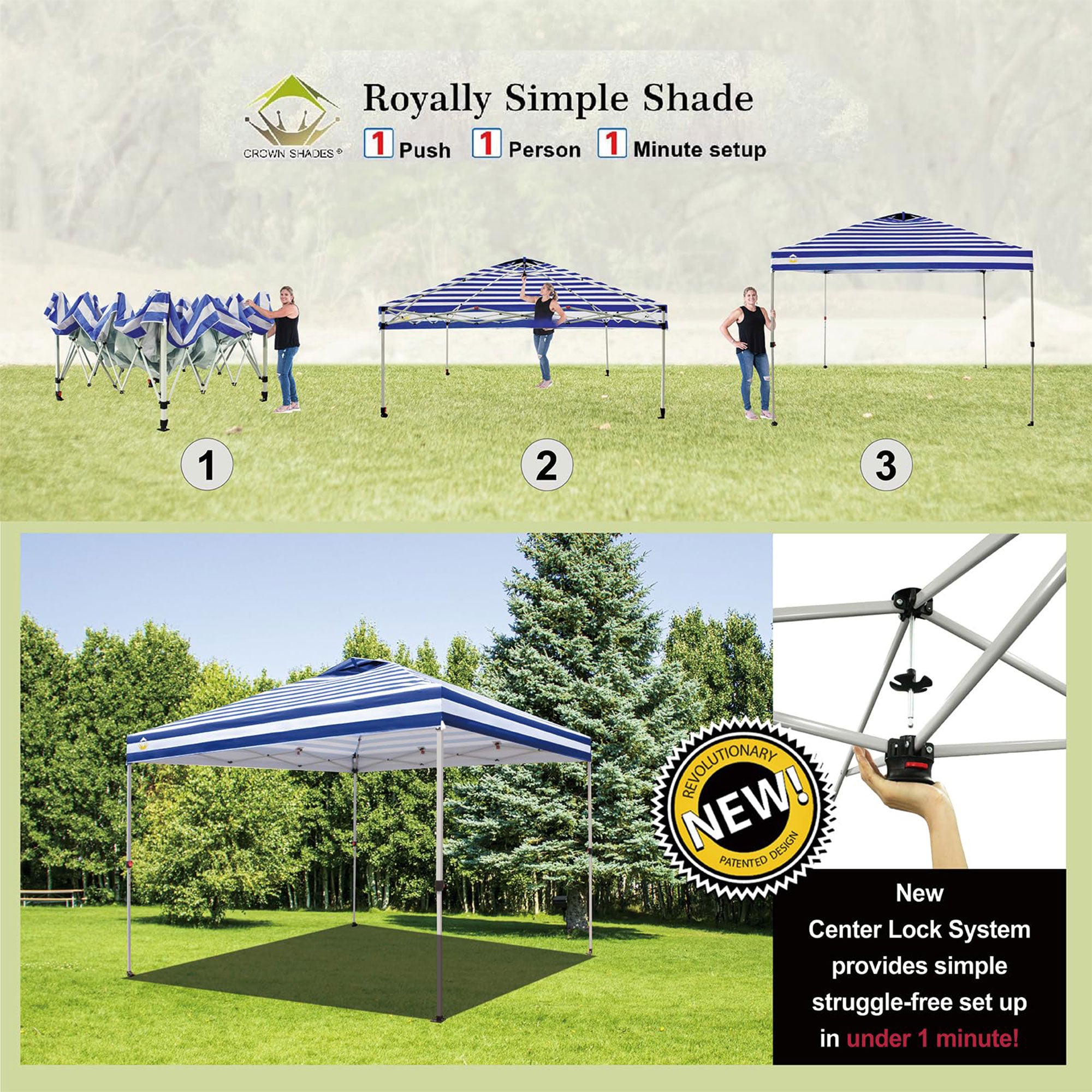 CROWN SHADES 10x10 Ft Pop Up Outdoor Canopy Tent, Push Center Lock, Navy Stripe