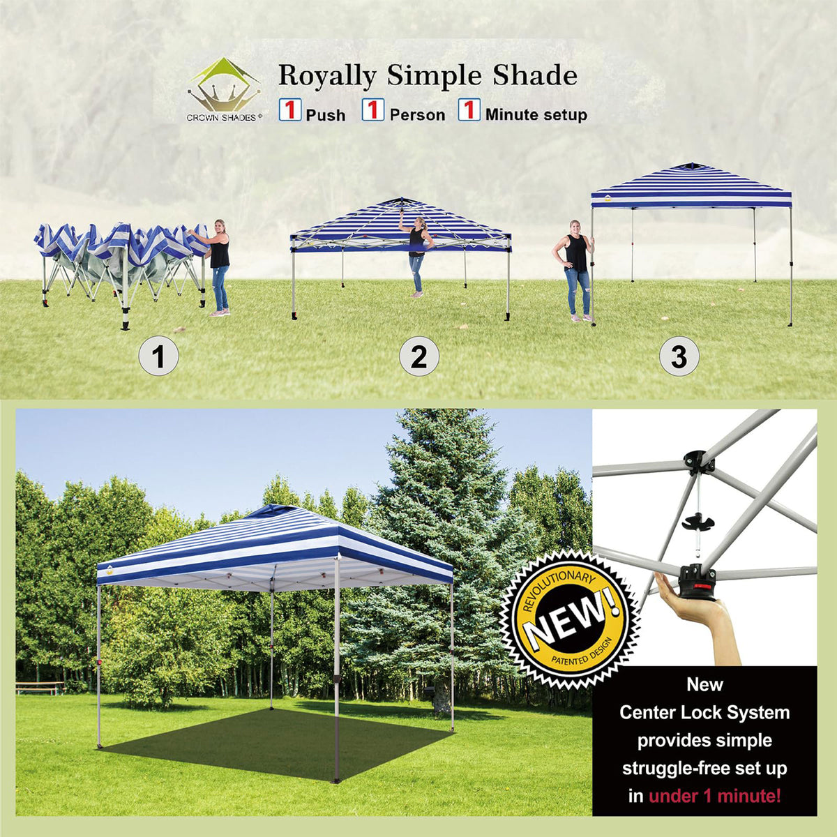 CROWN SHADES 10x10 Ft Pop Up Outdoor Canopy Tent, Push Center Lock, Navy Stripe