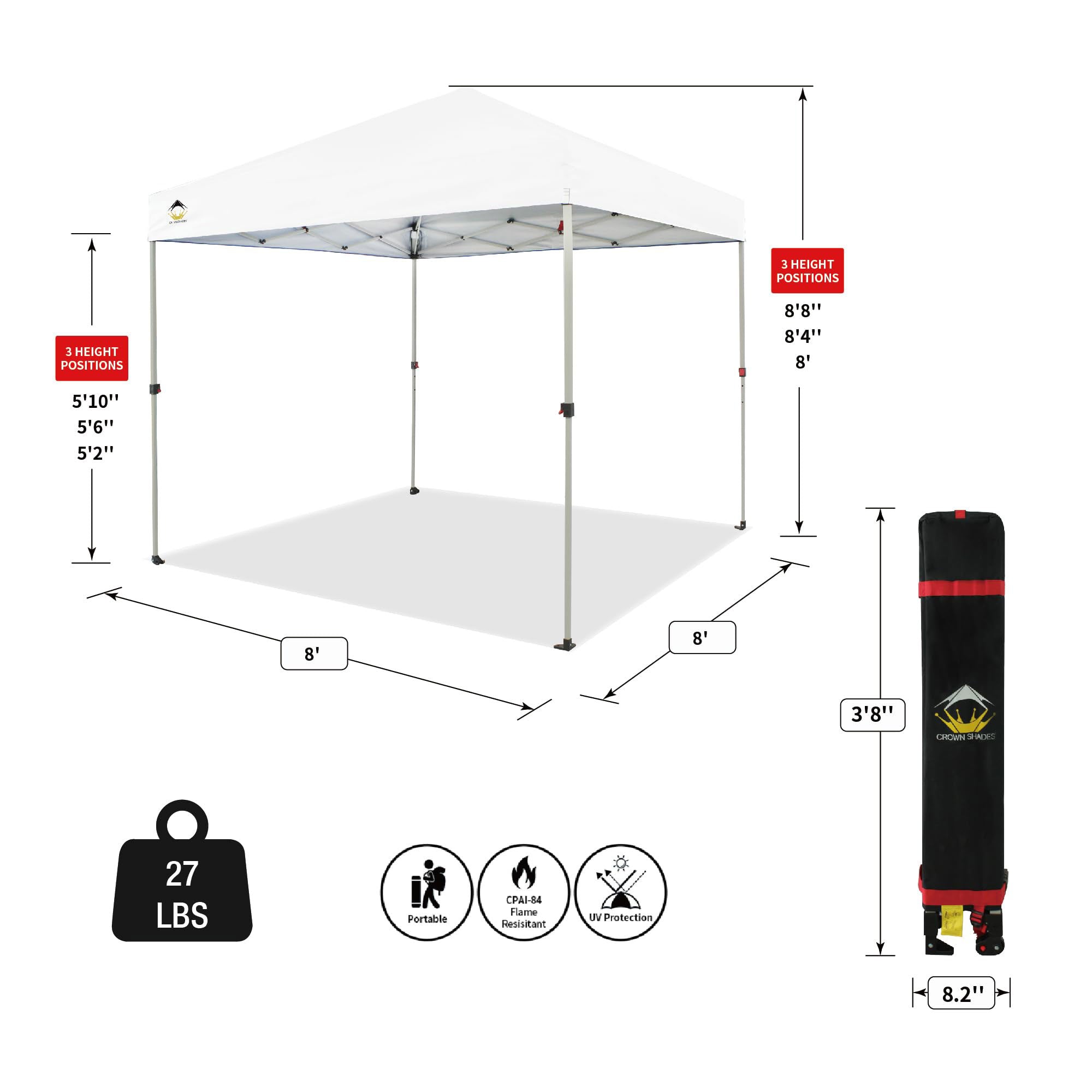 CROWN SHADES 8x8 Ft Pop Up Outdoor Canopy Tent with 1 Push Center Lock, White - VMInnovations