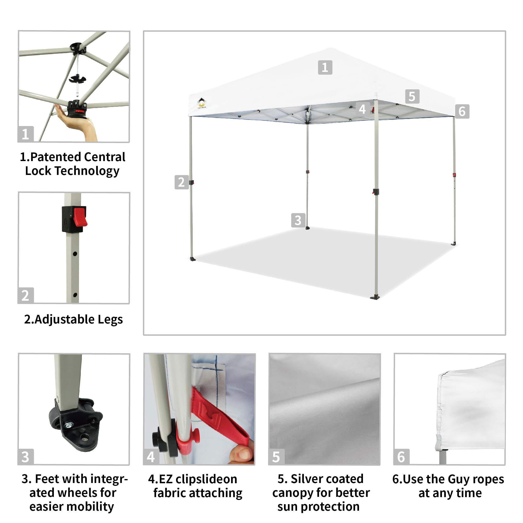 CROWN SHADES 8x8 Ft Pop Up Outdoor Canopy Tent with 1 Push Center Lock, White - VMInnovations