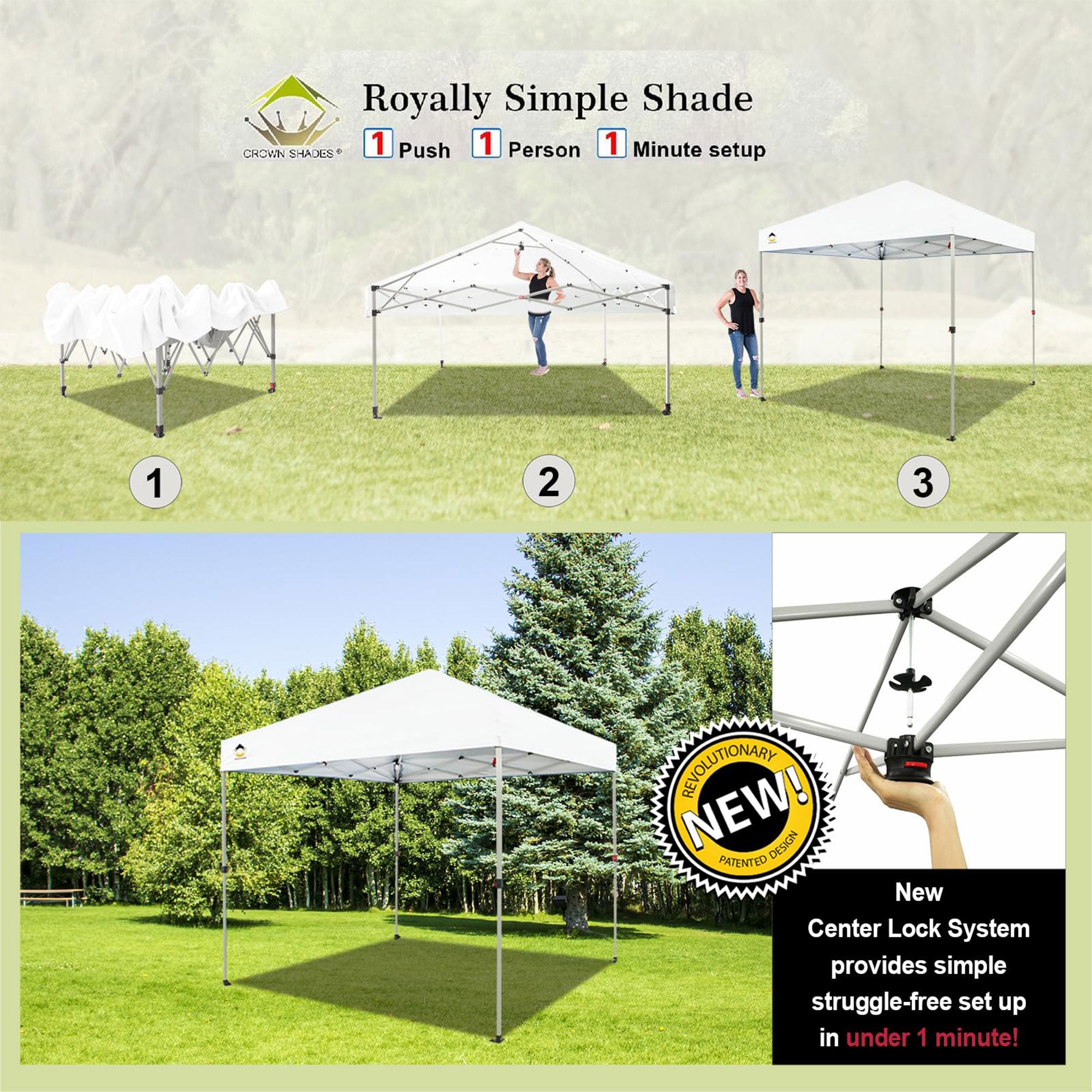 CROWN SHADES 8x8 Ft Pop Up Outdoor Canopy Tent with 1 Push Center Lock, White - VMInnovations