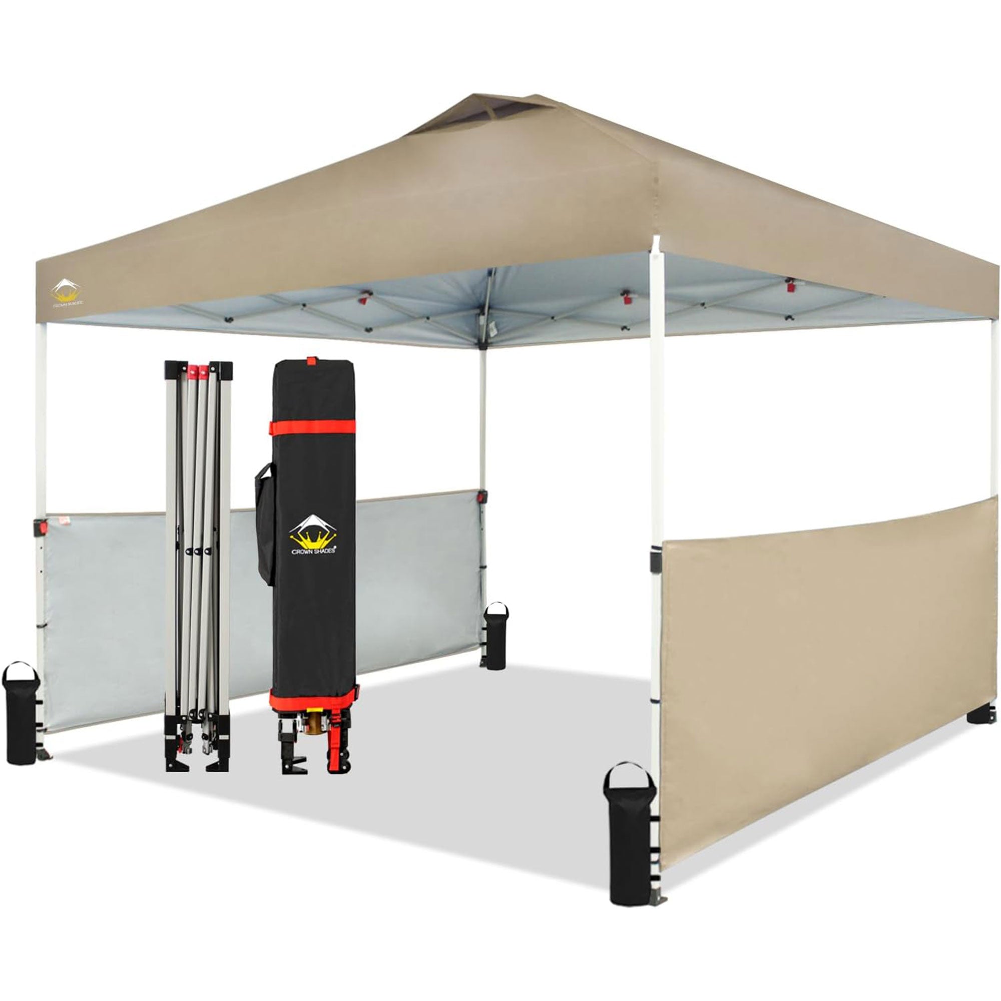 CROWN SHADES 10x10 Ft Pop Up Outdoor Canopy Tent with 2 Half Sidewalls, Beige (Open Box)