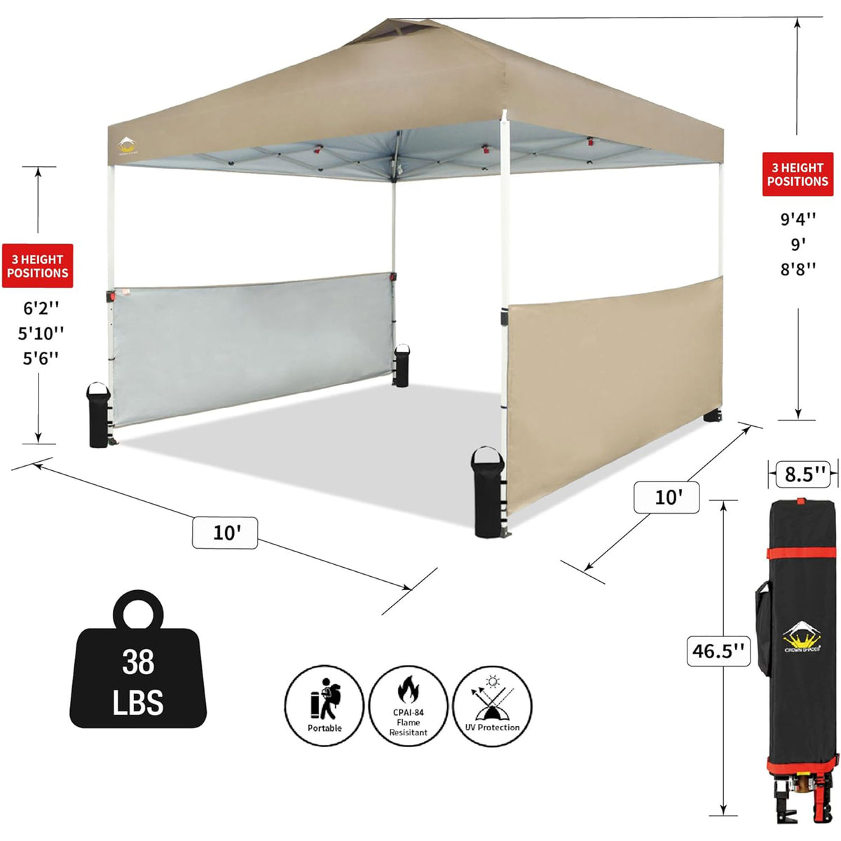 CROWN SHADES 10x10 Ft Pop Up Outdoor Canopy Tent with 2 Half Sidewalls, Beige